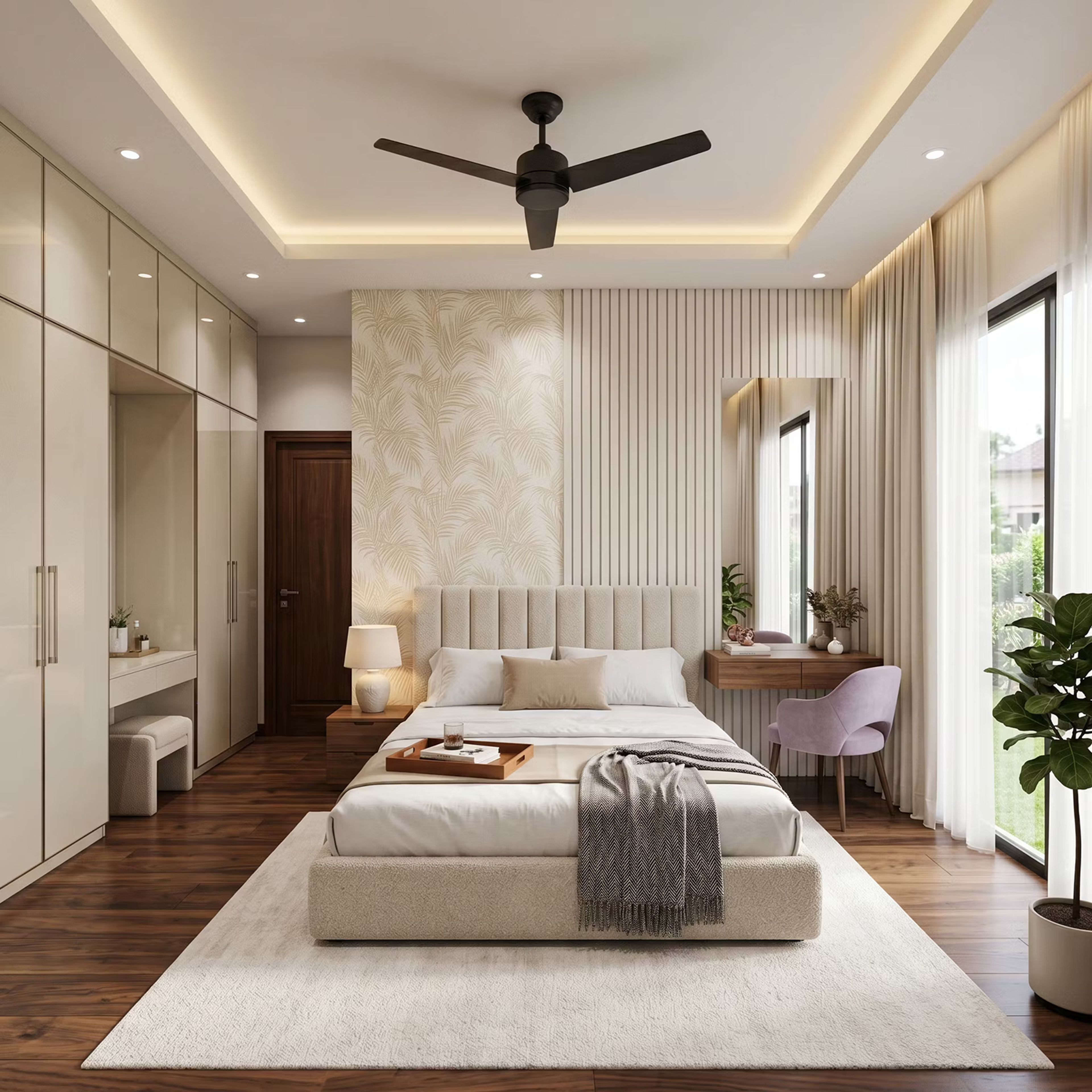 Master Bedroom Design with Integrated Vanity and Slatted Panels