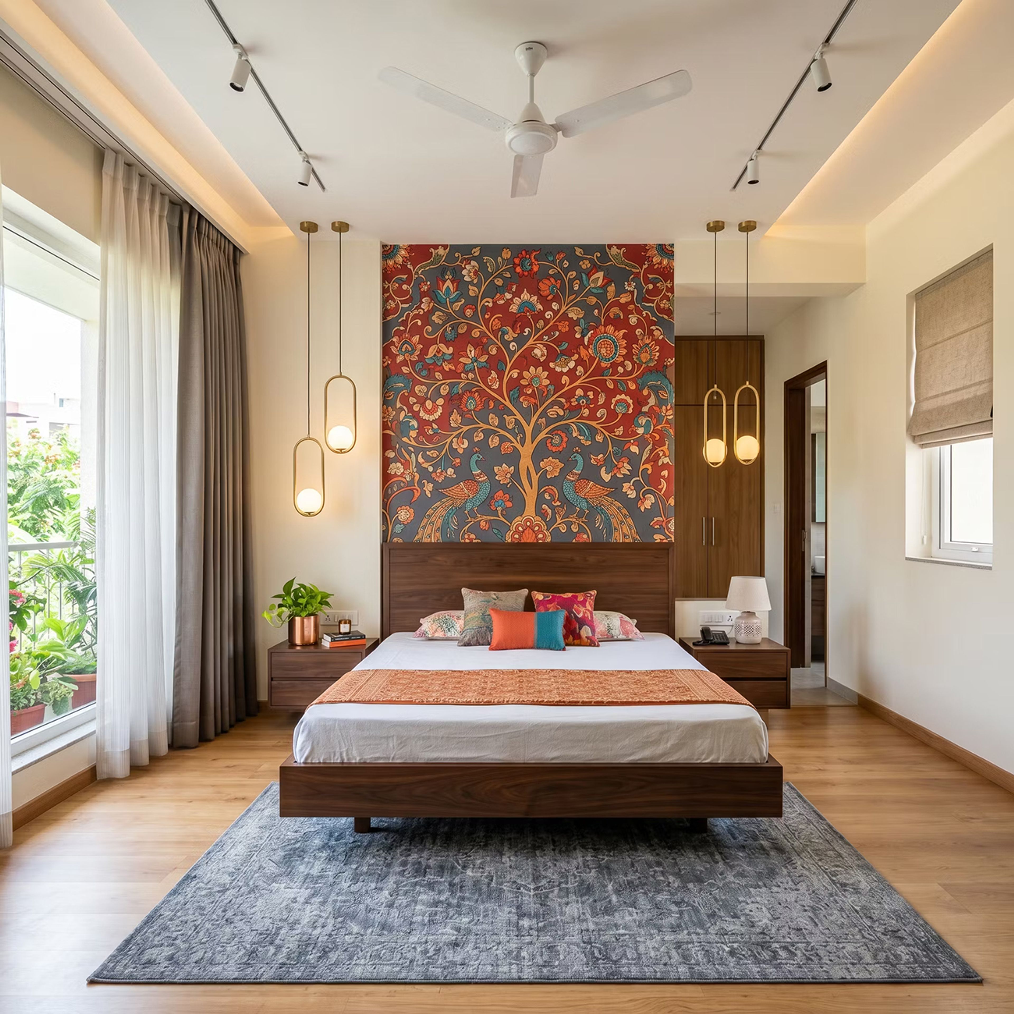 Master Bedroom Design with Peacock Wallpaper and Walnut Bed