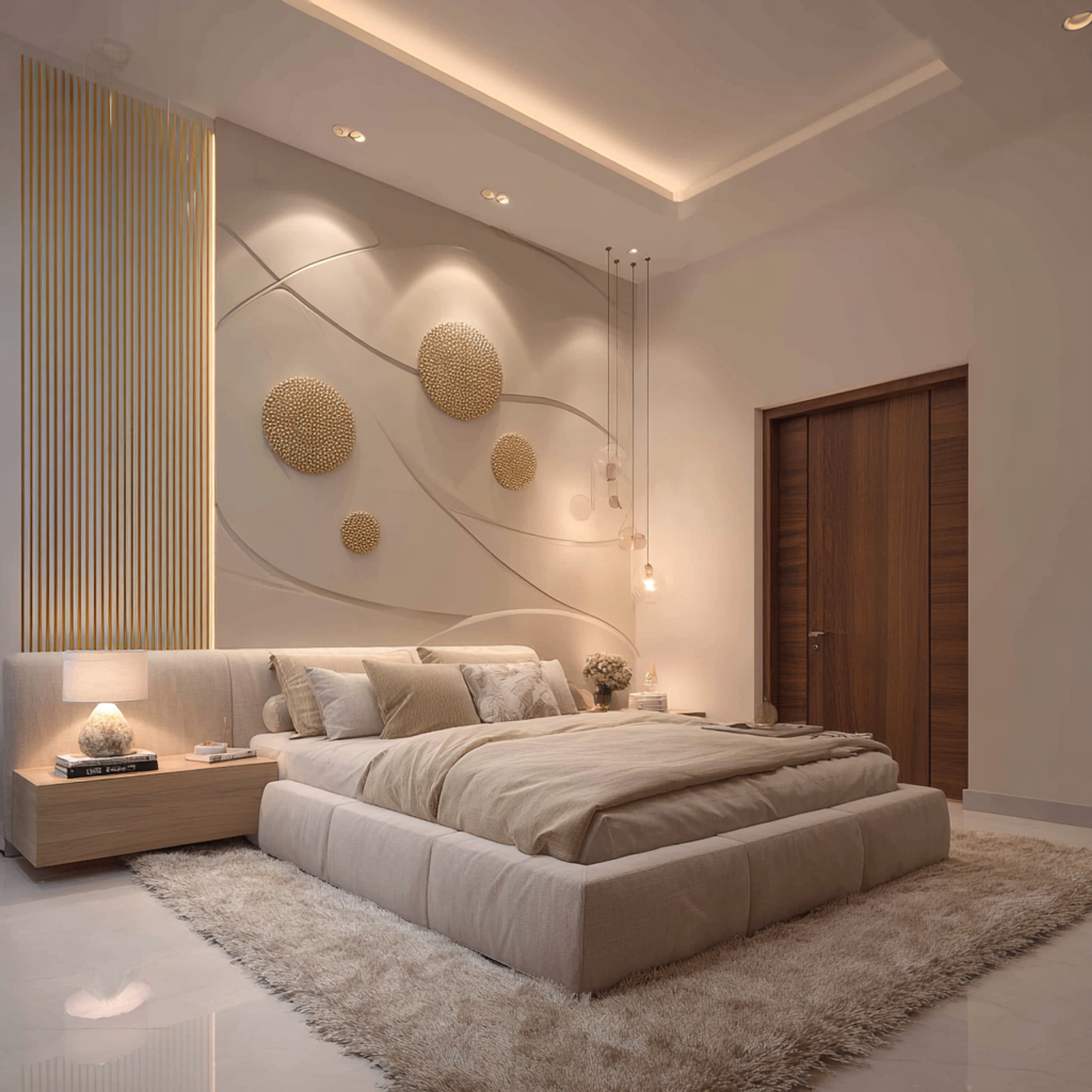 Contemporary Master Bedroom Design with Sculptural Wall and Wall Mounted Bedside Tables