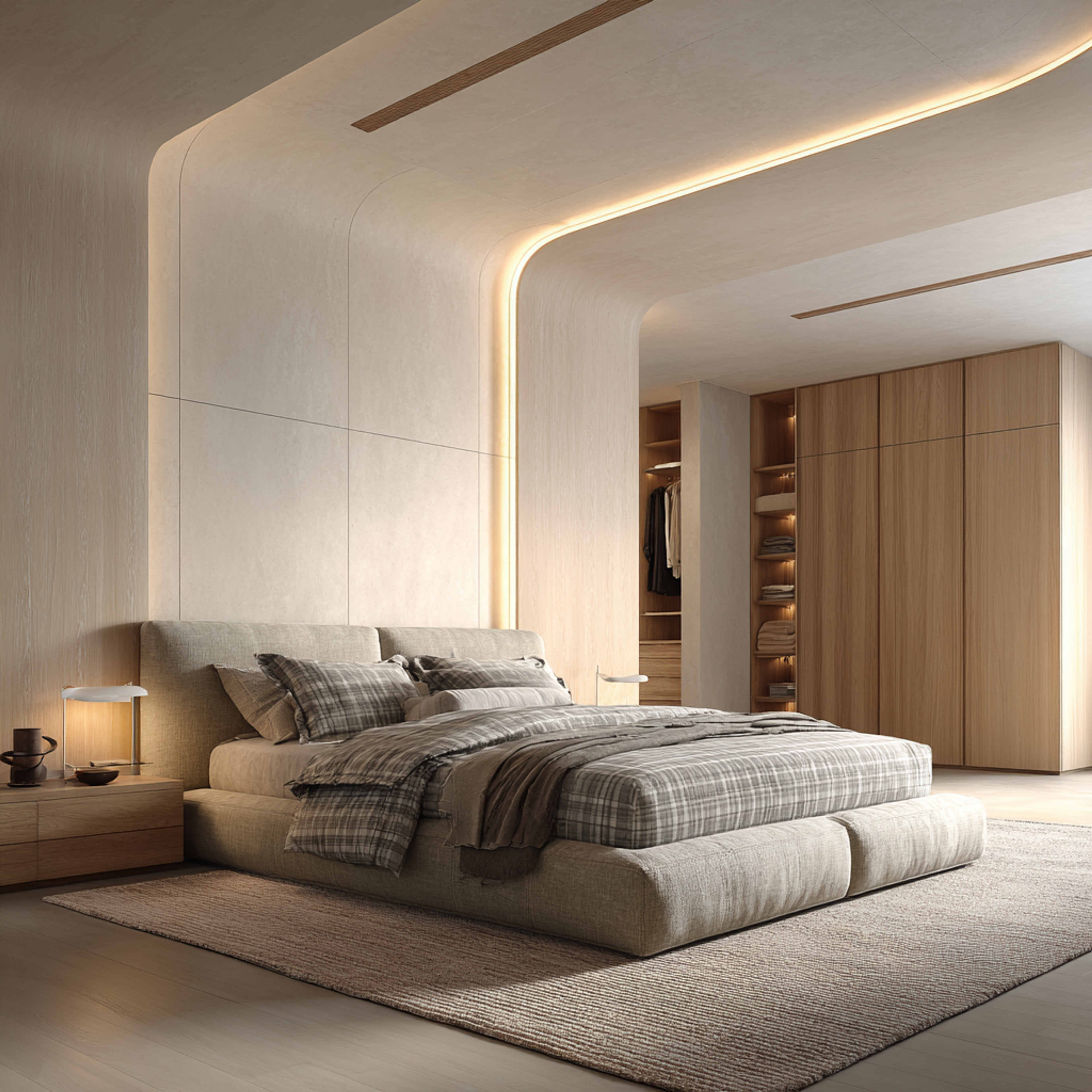 Modern Master Bedroom Design with Curved Architectural Wall and Linear LED Lighting