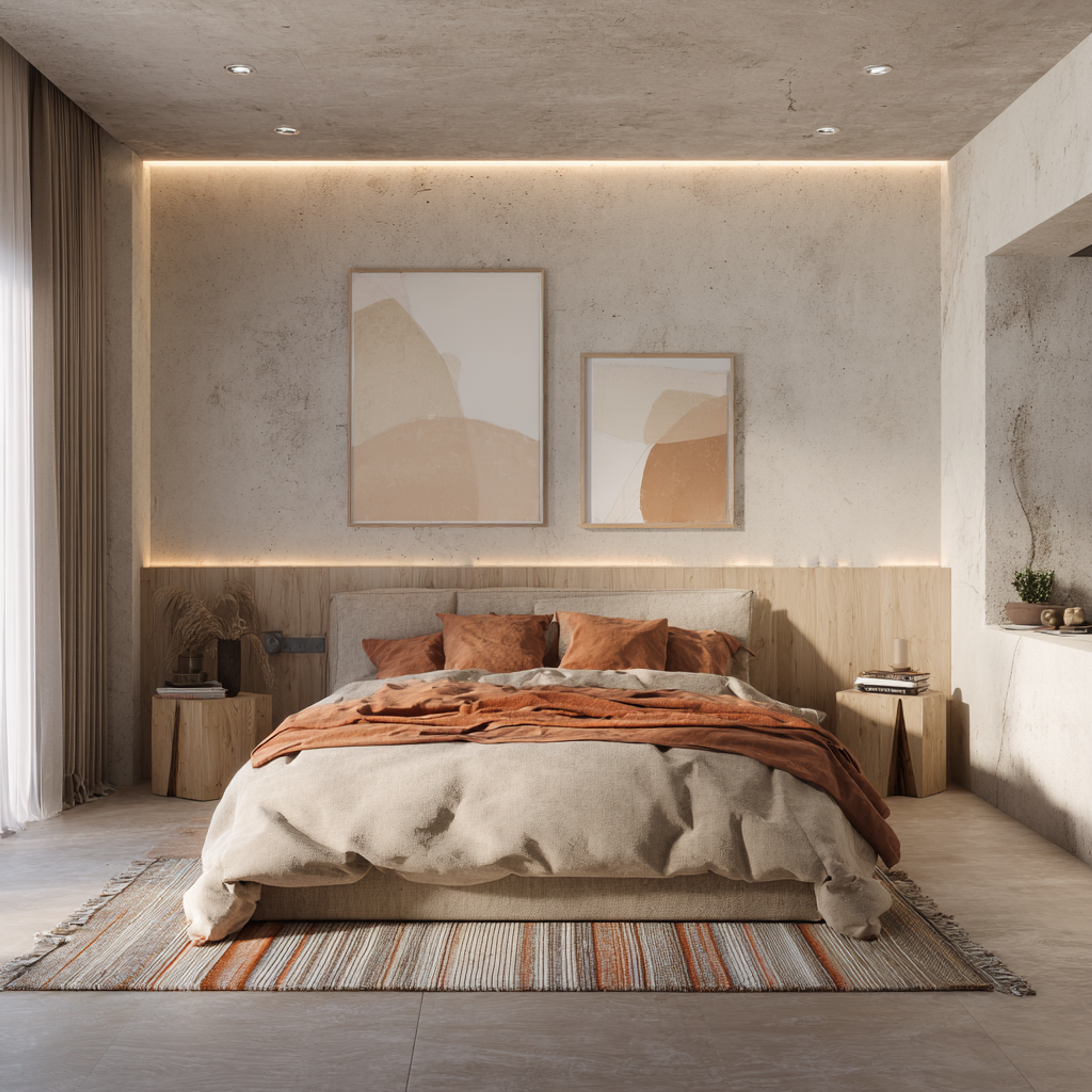 Contemporary Master Bedroom Design with Tall Light Wood Cabinet and King Bed