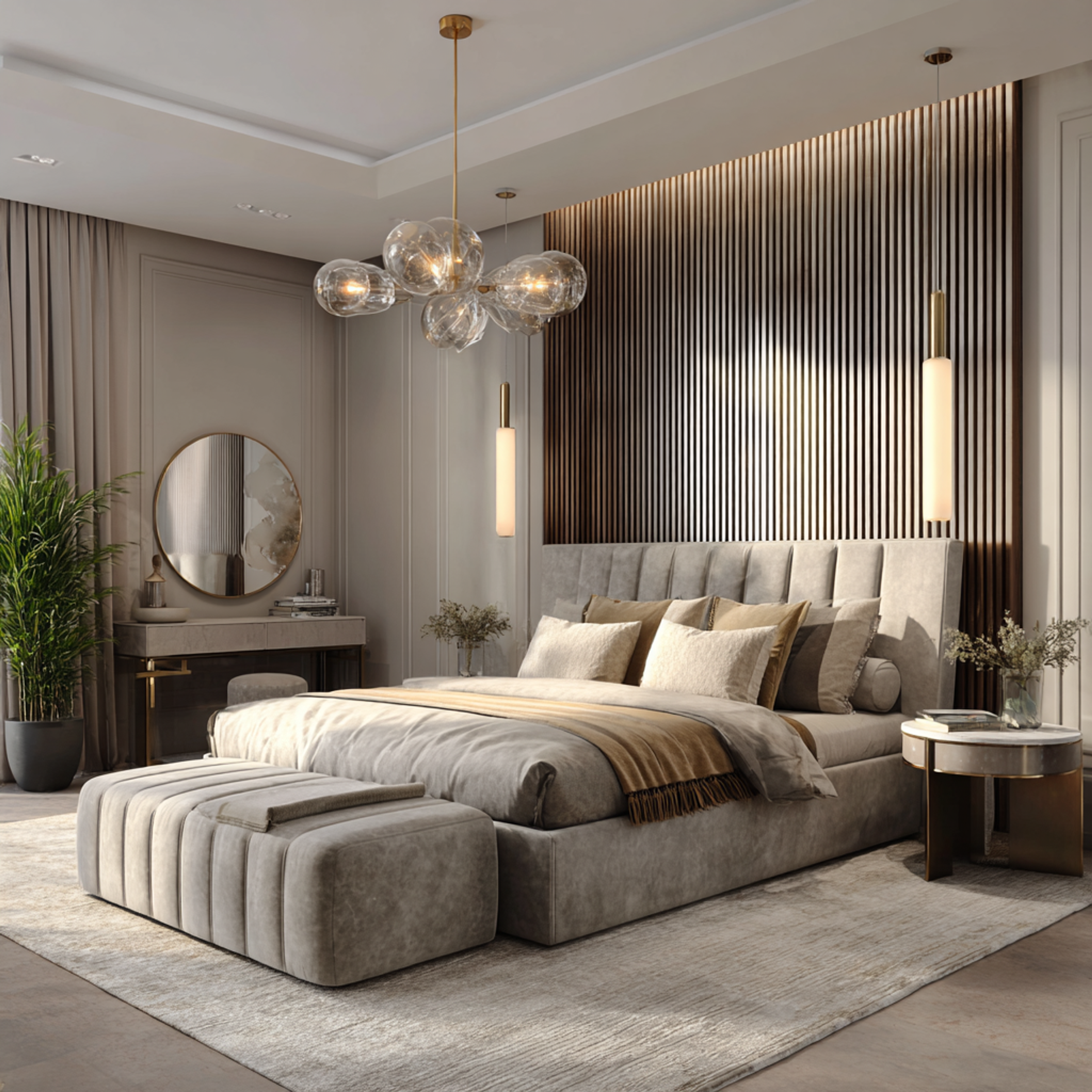 Modern Master Bedroom Design with Channel Tufted King Bed and Dark Wood Slats