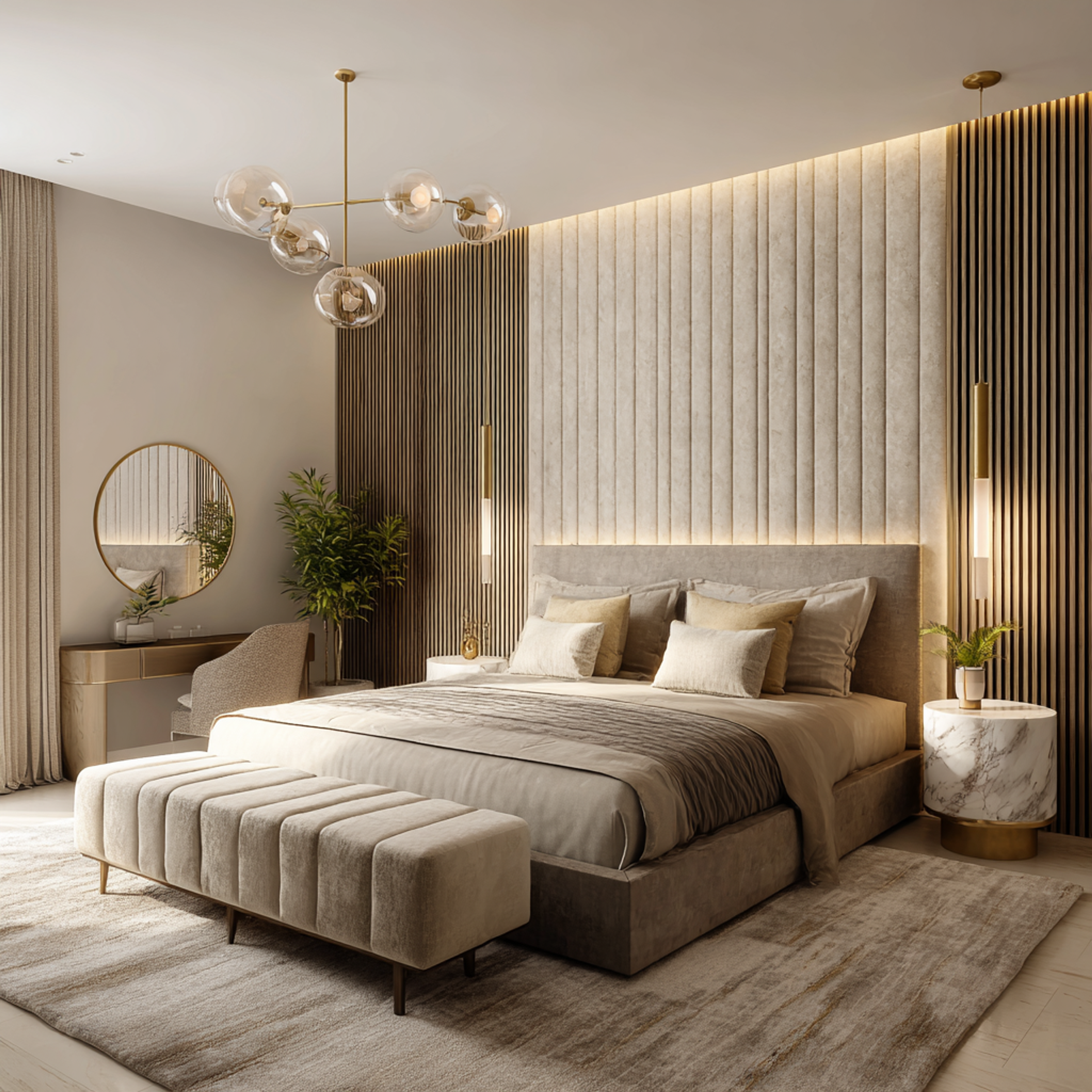 Modern Master Bedroom Design with Scalloped Headboard and Vertical Paneling