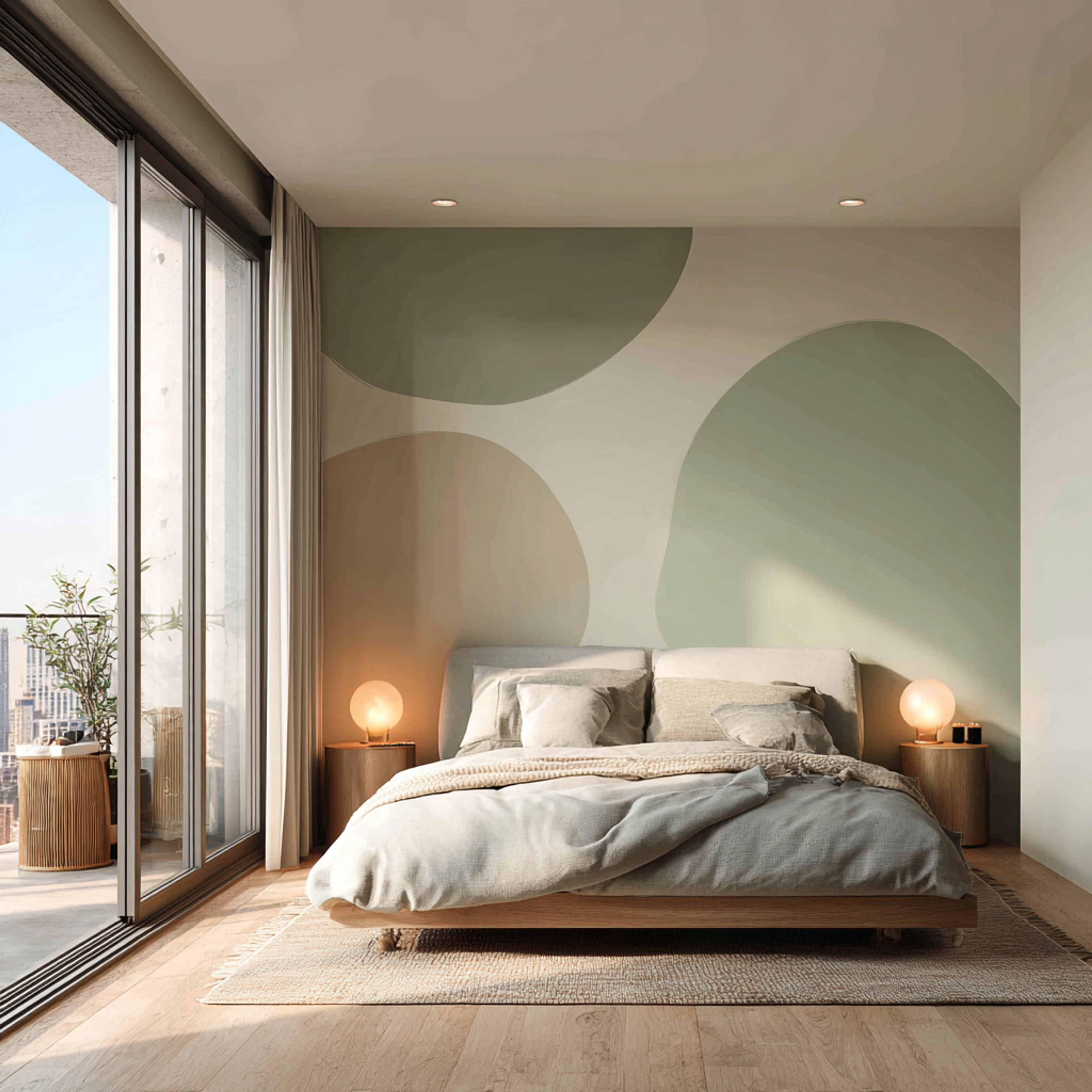 Modern Master Bedroom Design with Sculpted Feature Wall and Low Profile Wooden Bed