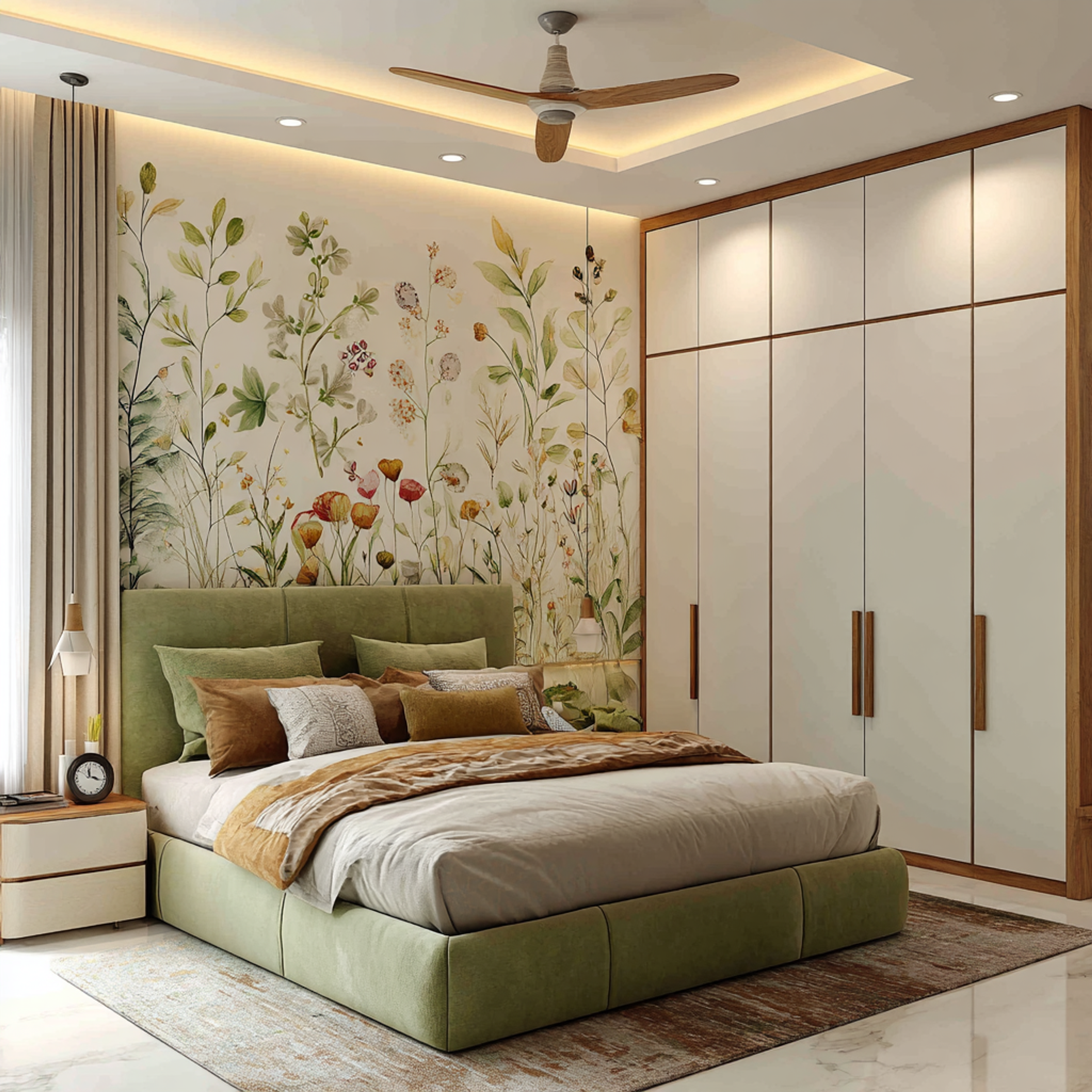 Contemporary Guest Bedroom Design with Botanical Wallpaper and Upholstered Bed