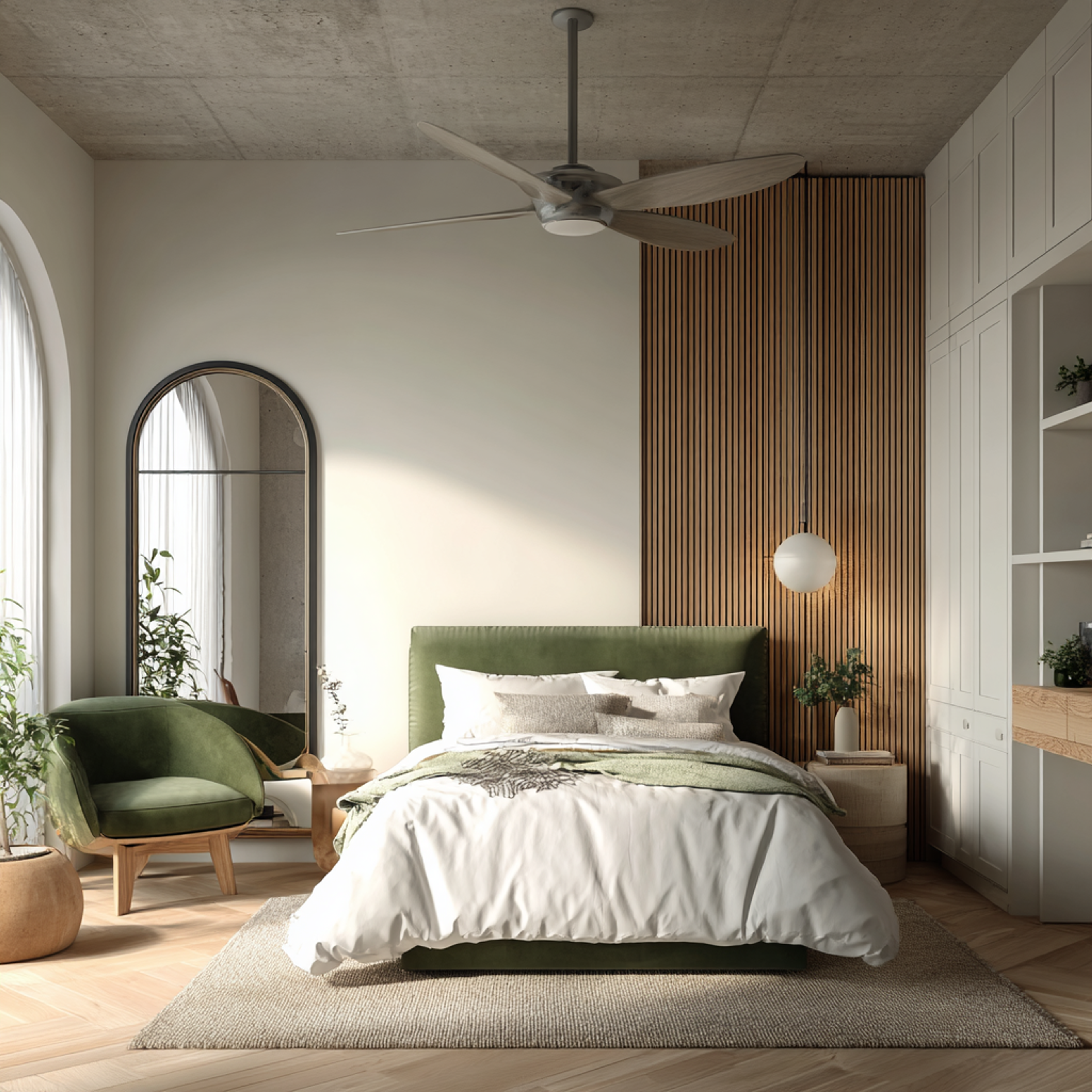 Modern Guest Bedroom Design with Wooden Slat Wall and Green Platform Bed