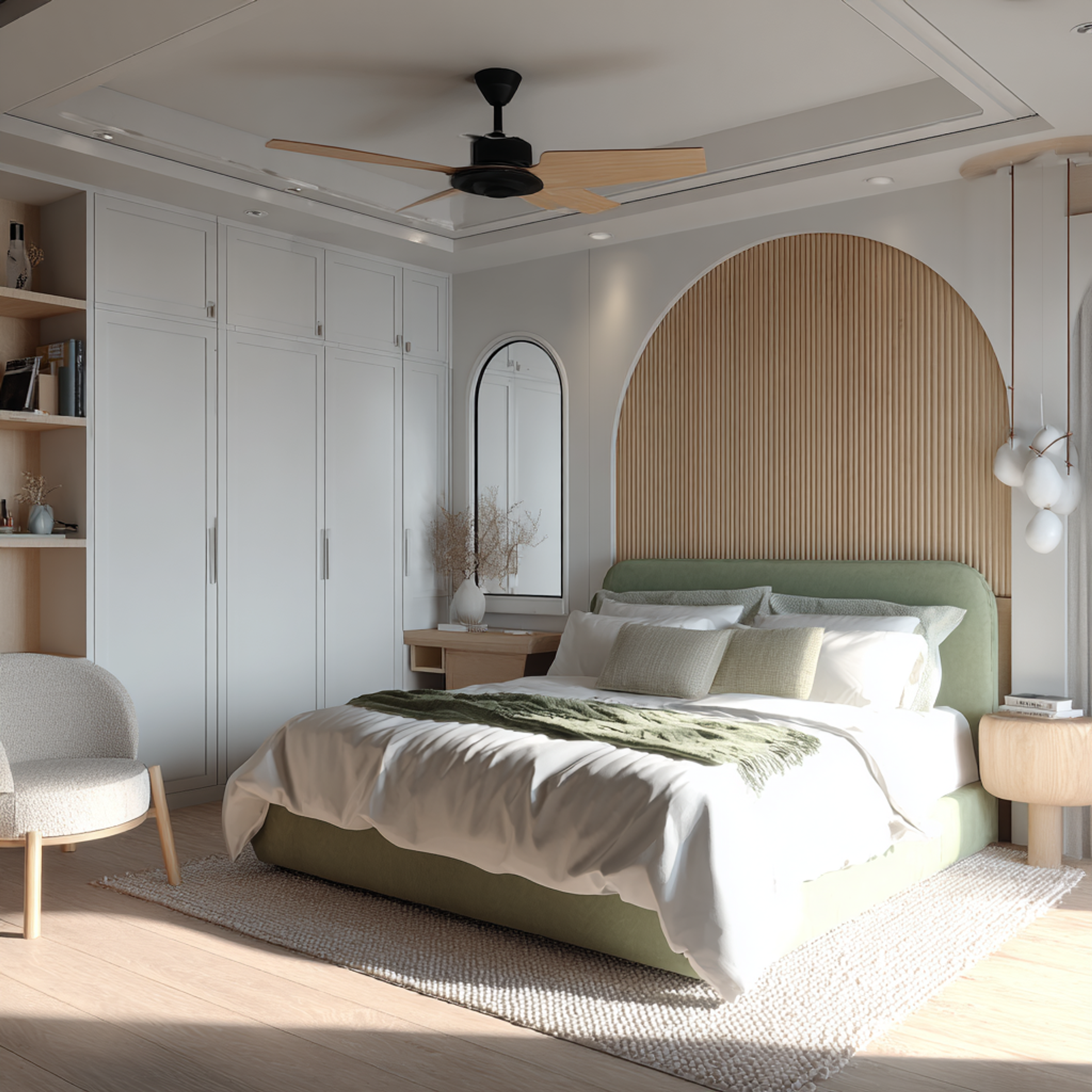 Contemporary Guest Bedroom Design with Arched Wall and Cream Accent Chair