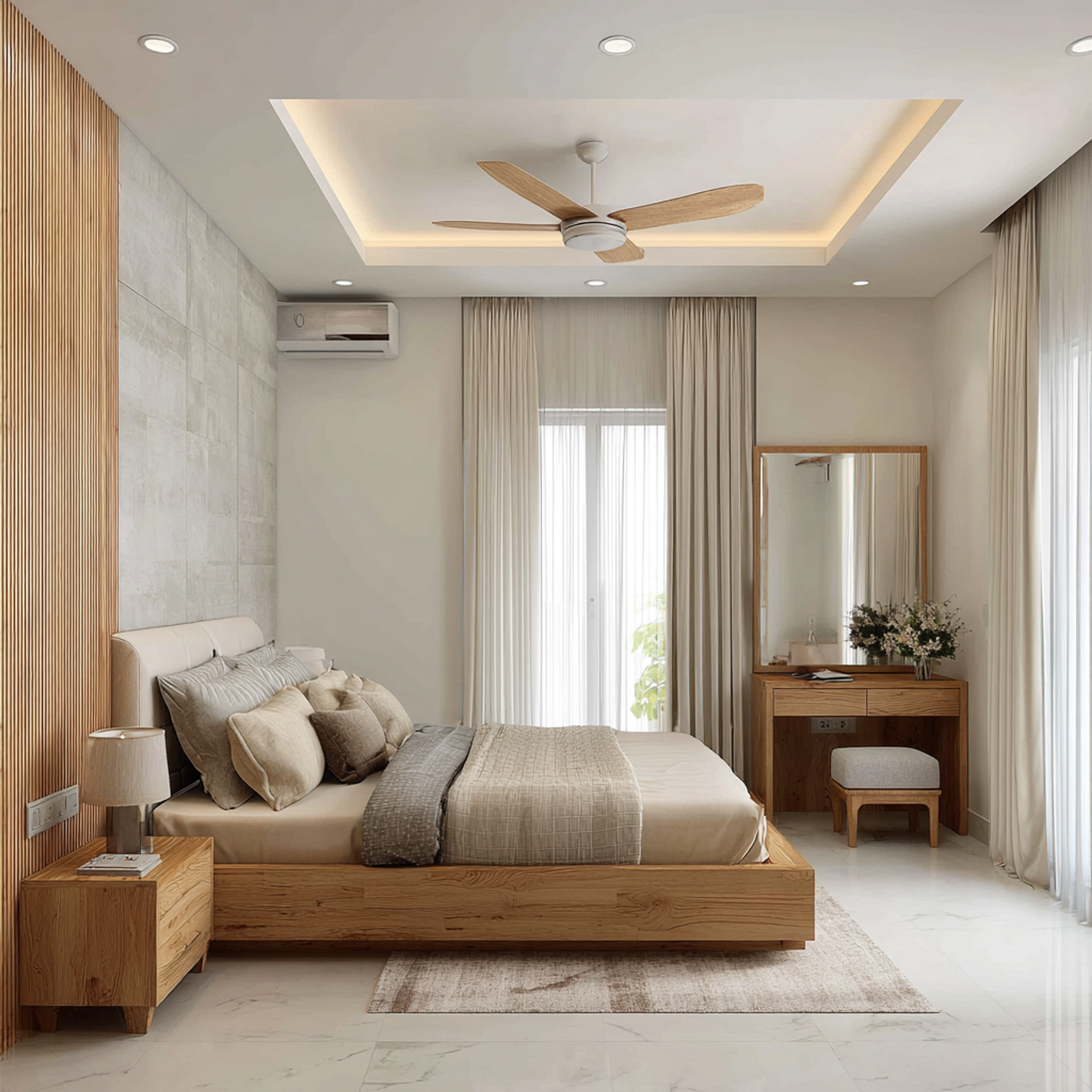 Contemporary Guest Bedroom Design with Wooden Slat Wall and Upholstered Bed