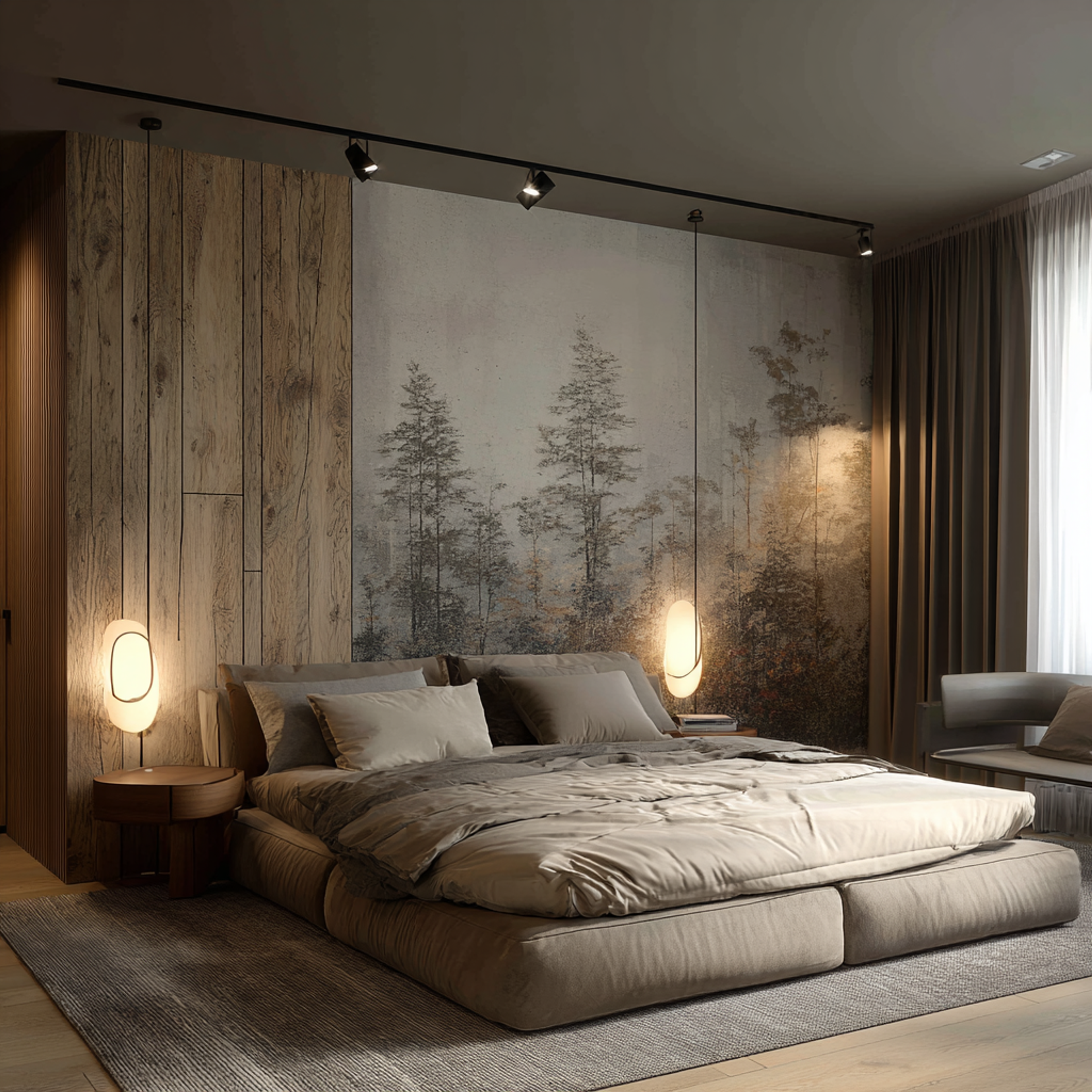 Rustic Guest Bedroom Design with Scenic Wall Art and Grey Upholstered Low Bed