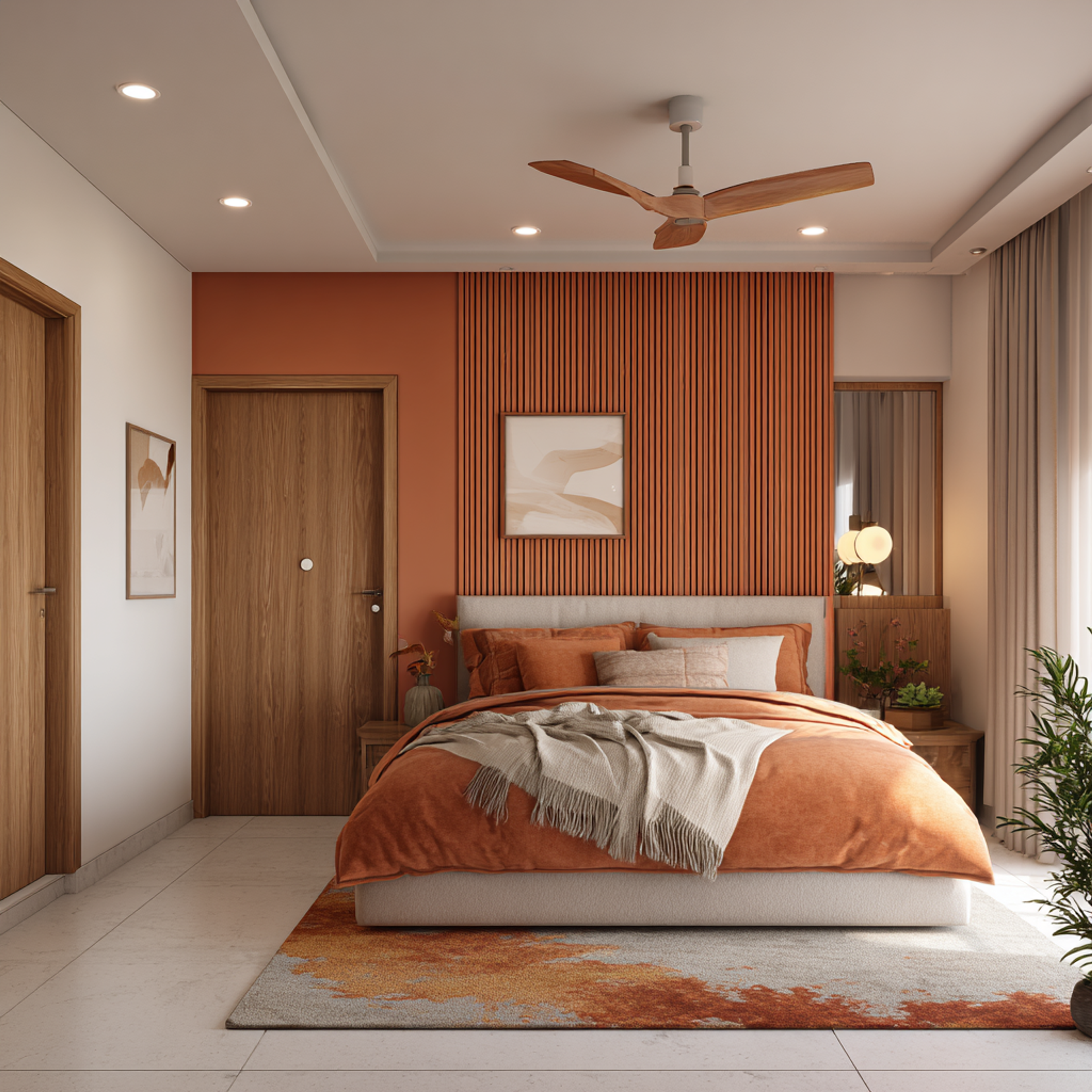 Contemporary Master Bedroom Design with Terracotta Wall and Hydraulic Queen Bed