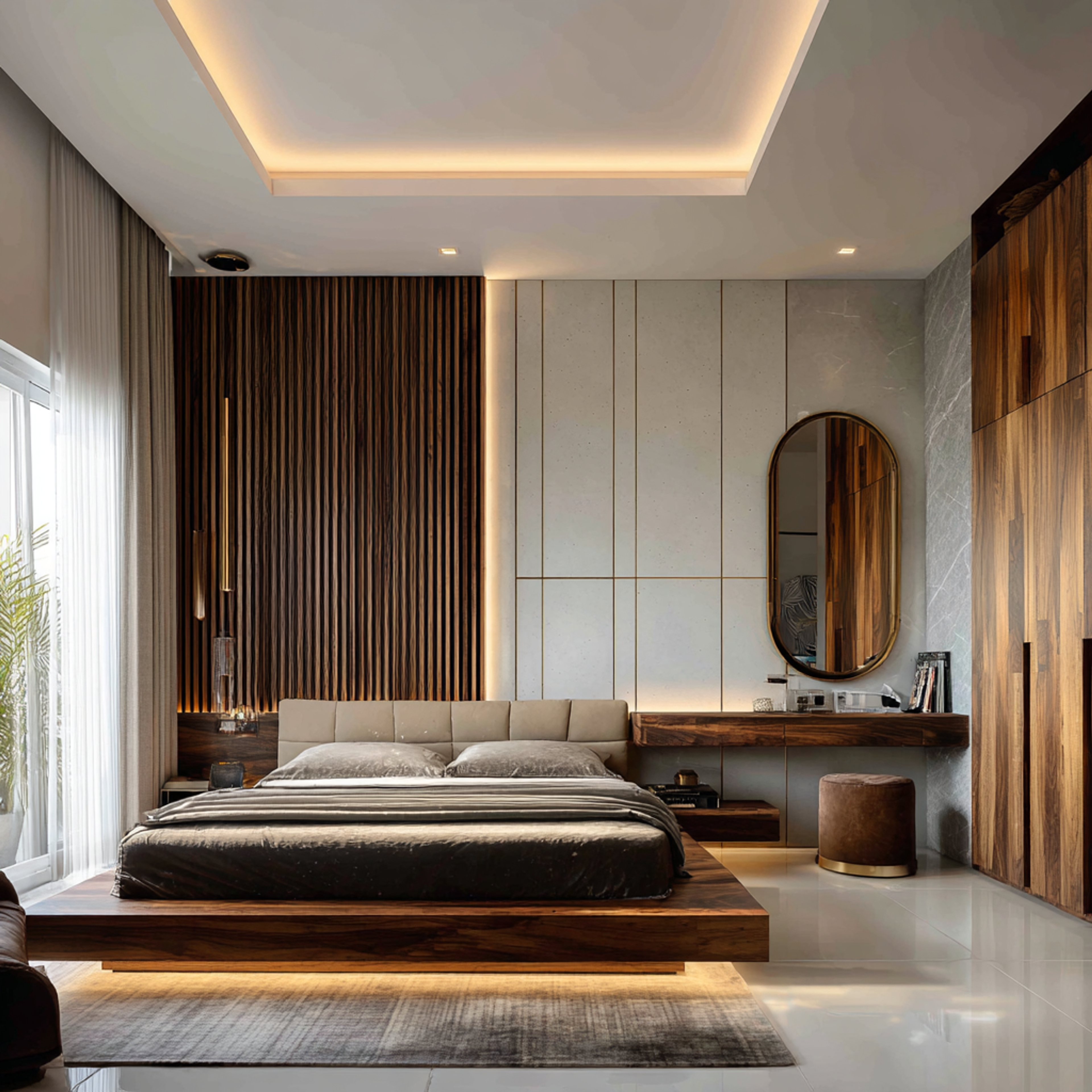 Contemporary Master Bedroom Design with Wood Panels and Queen Bed