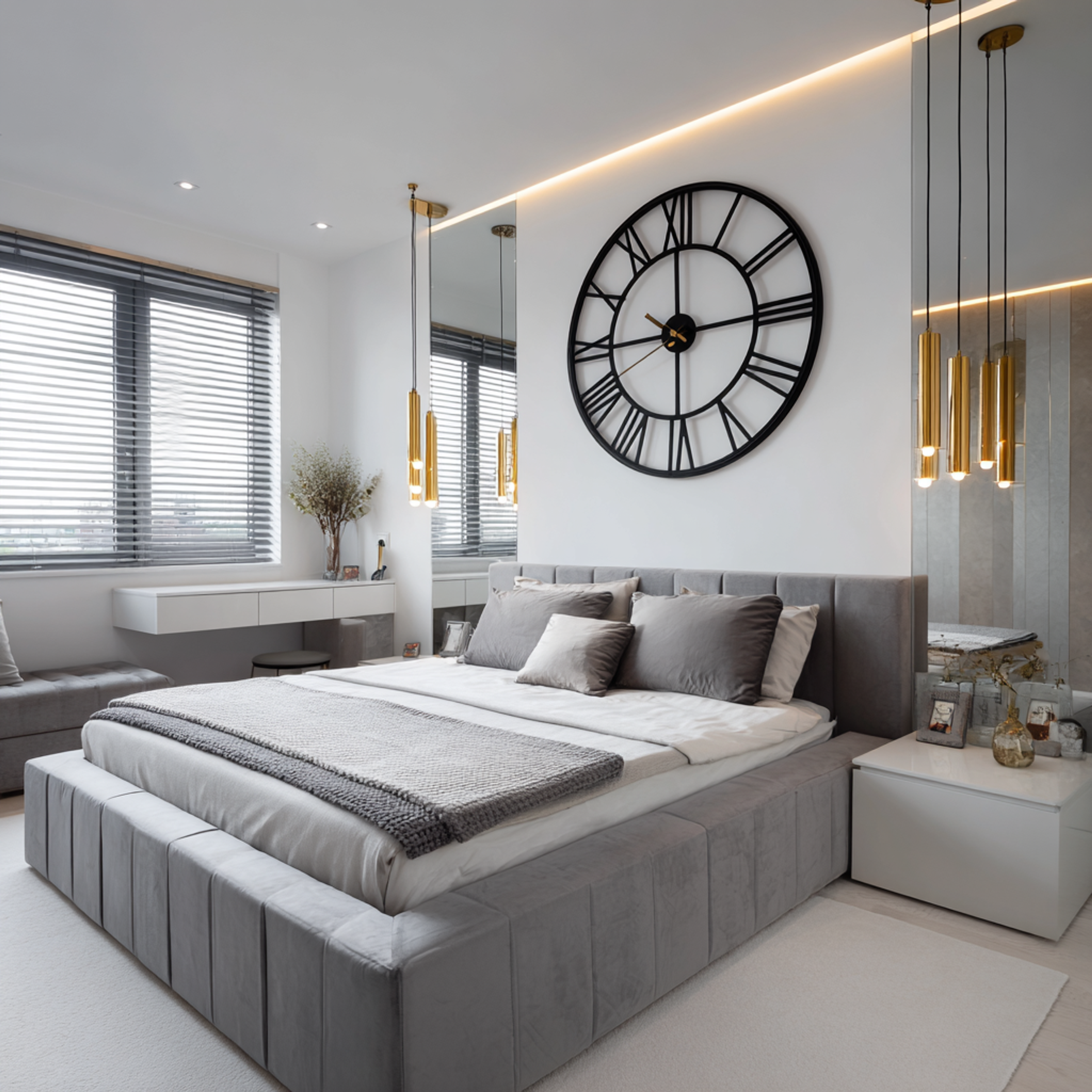 Contemporary Master Bedroom Design with Oversized Wall Clock and Paneling