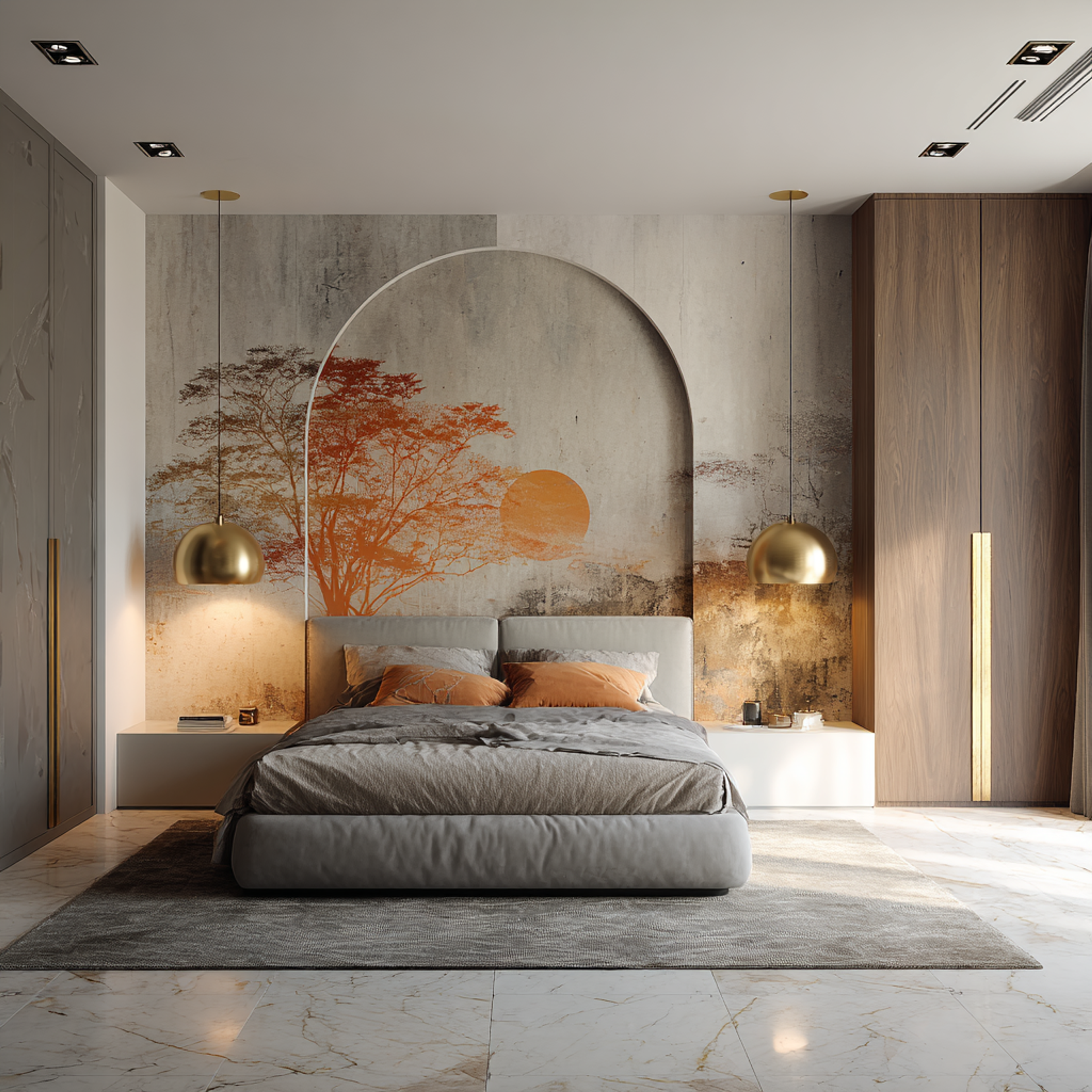 Contemporary Master Bedroom Design with Arched Orange Tree Mural and Large Bed