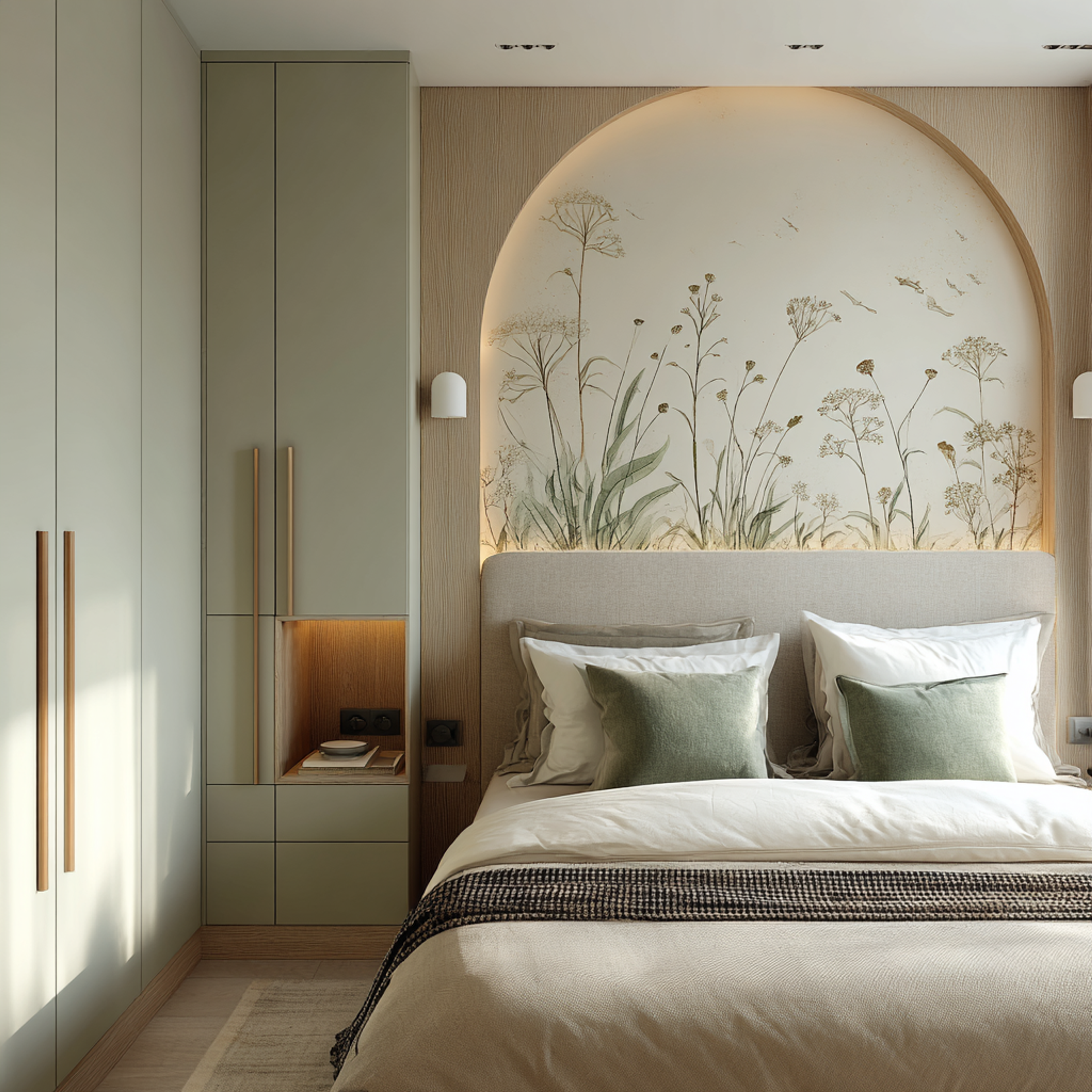 Contemporary Master Bedroom Design with Tropical Wallpaper and Curved Paneling