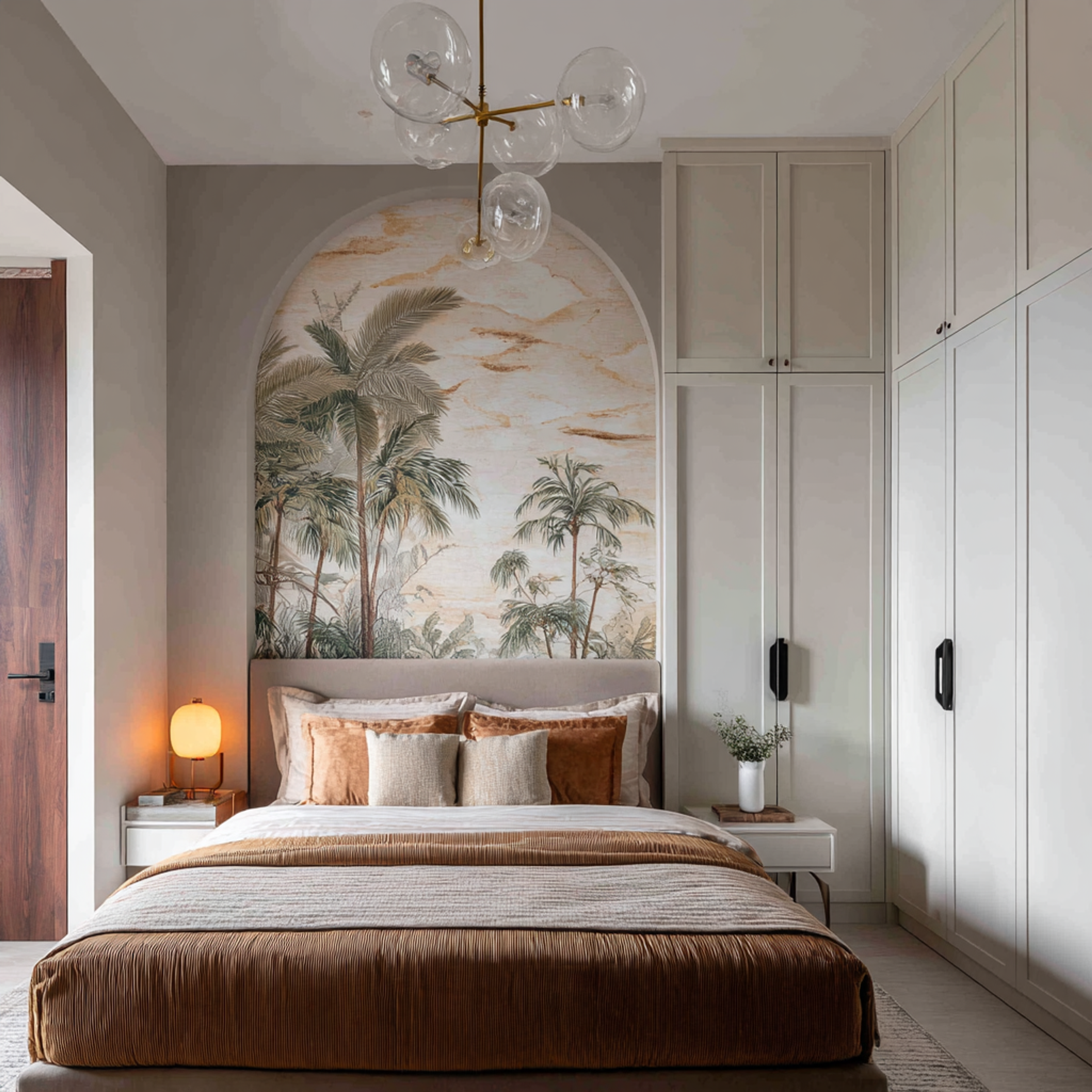 Contemporary Master Bedroom Design with Arched Tropical Wallpaper and White Cabinetry