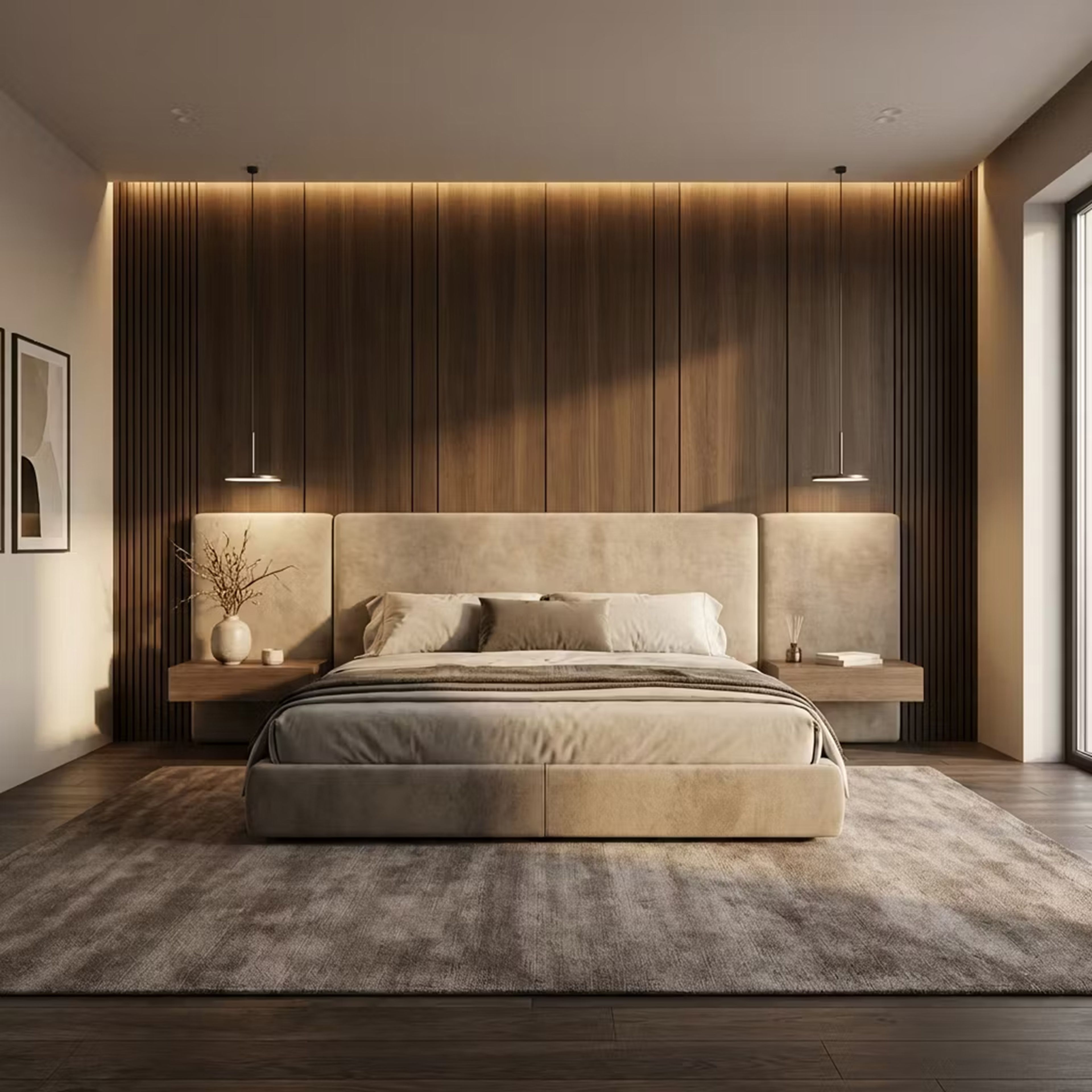 Contemporary Master Bedroom Design with Slatted Wall and Floating Side Tables