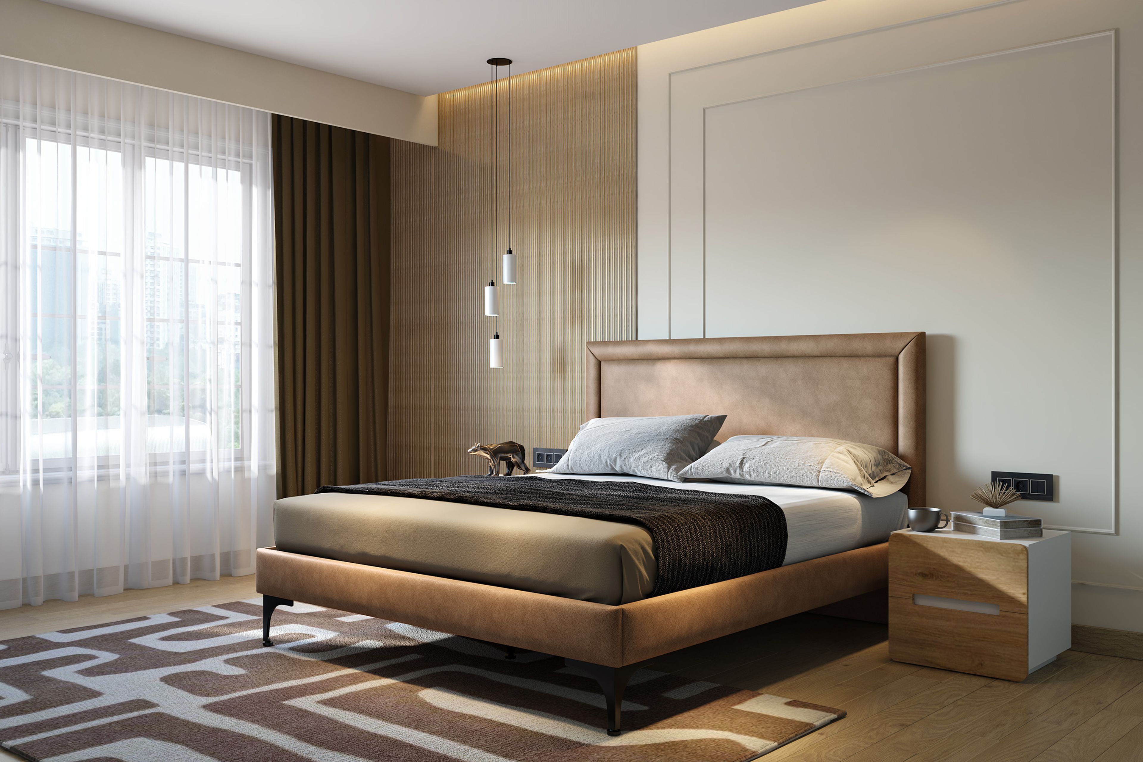 Contemporary Master Bedroom Design with Dual Texture Wall and Beige Platform Bed