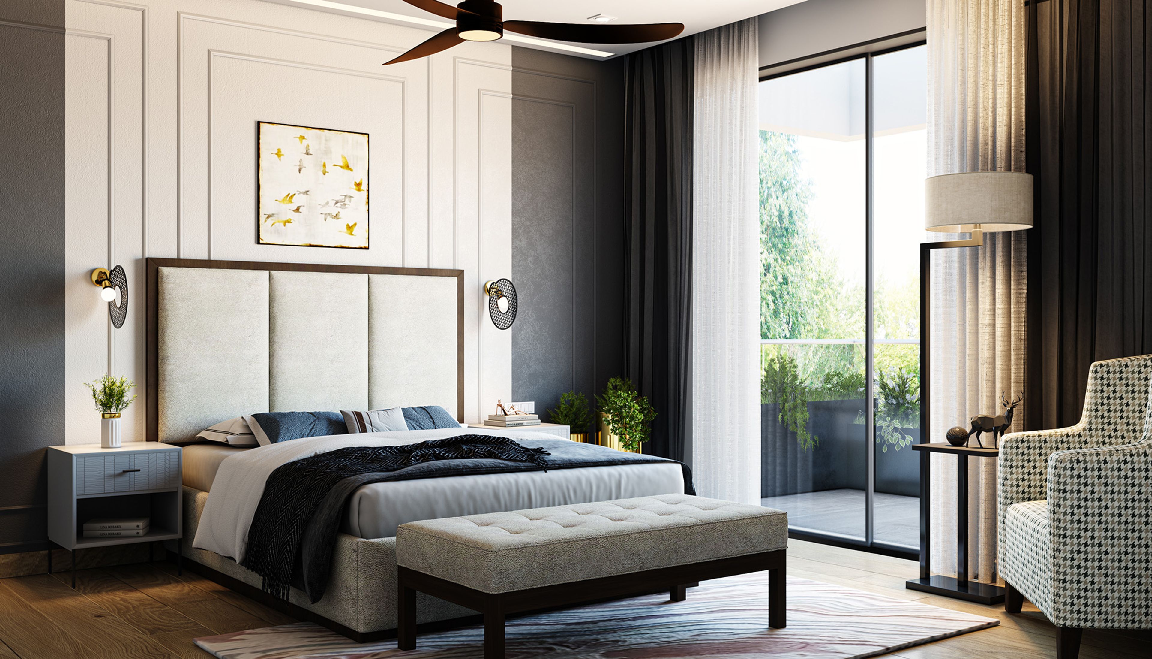 Transitional Master Bedroom Design with Tufted Bench and Reading Corner