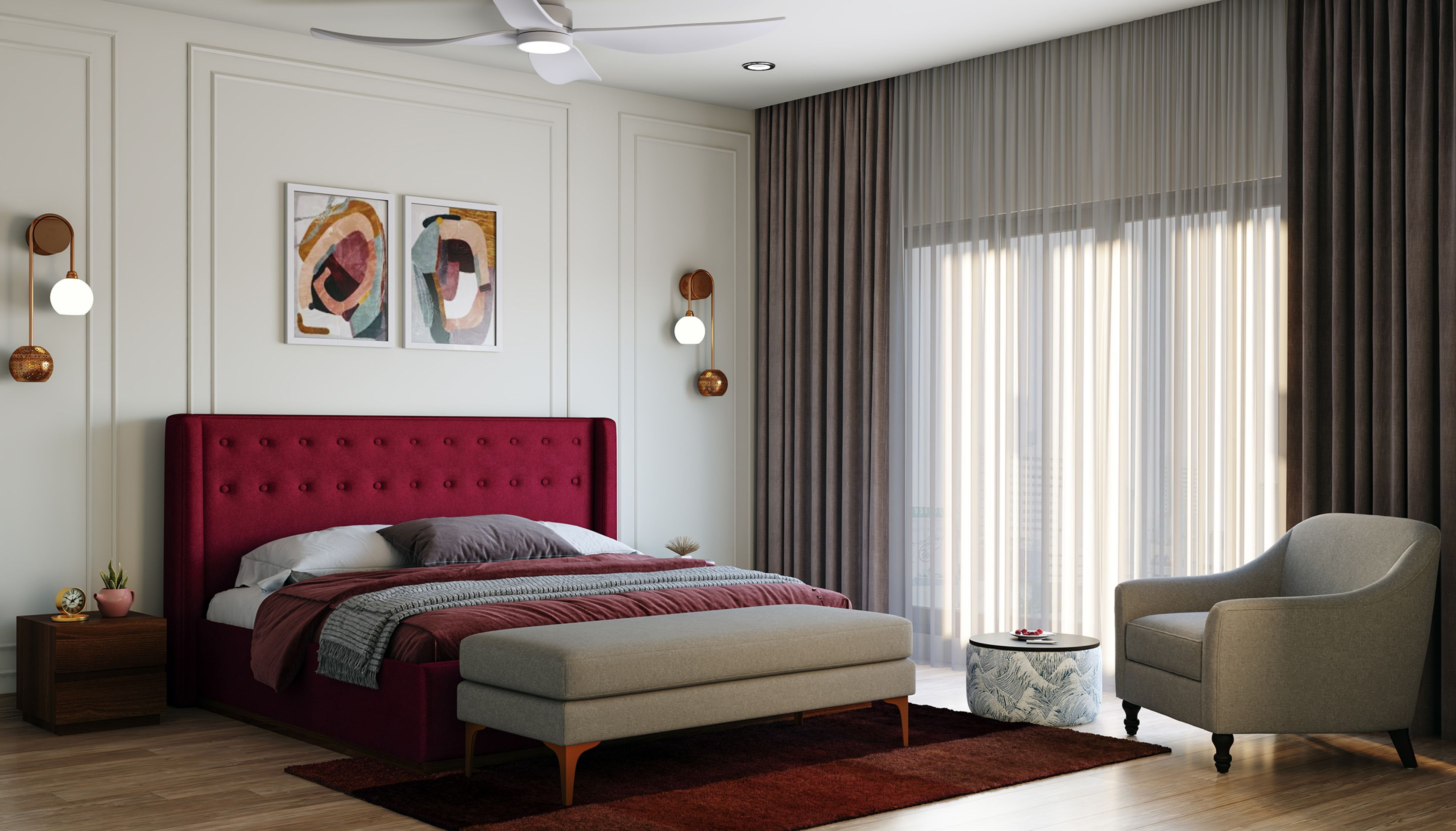 Contemporary Master Bedroom Design with Red Headboard Bed and White Paneled Wall