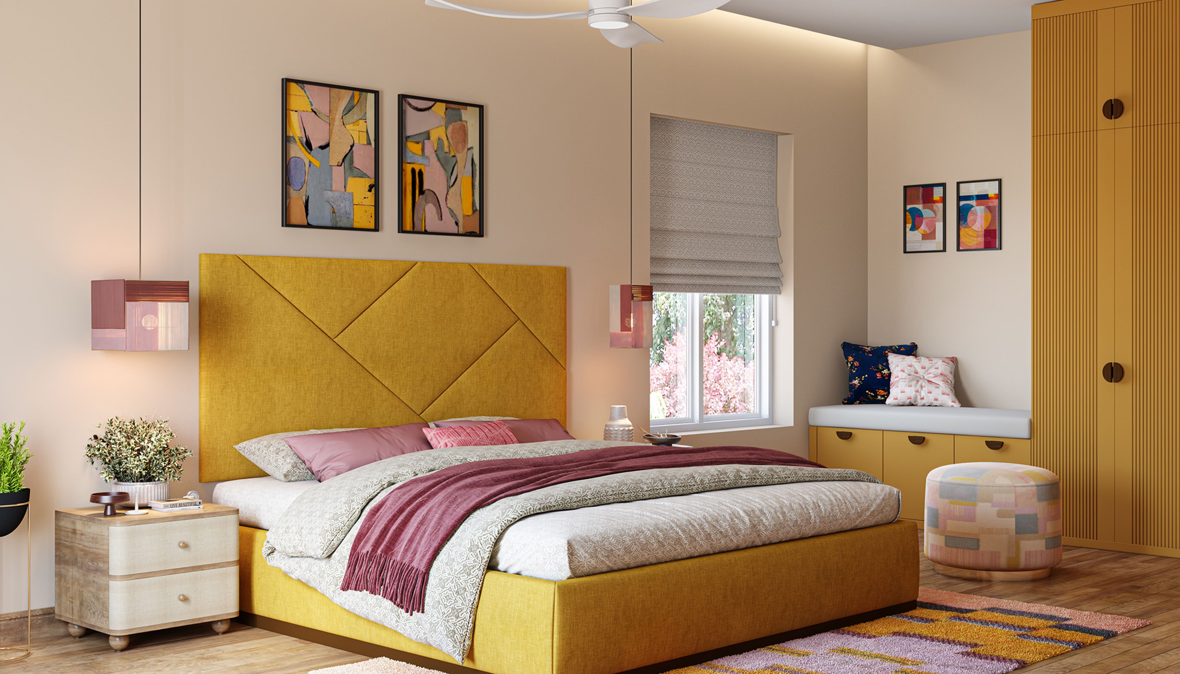 Modern Master Bedroom Design with Mustard Yellow Bed and Slatted Wardrobe