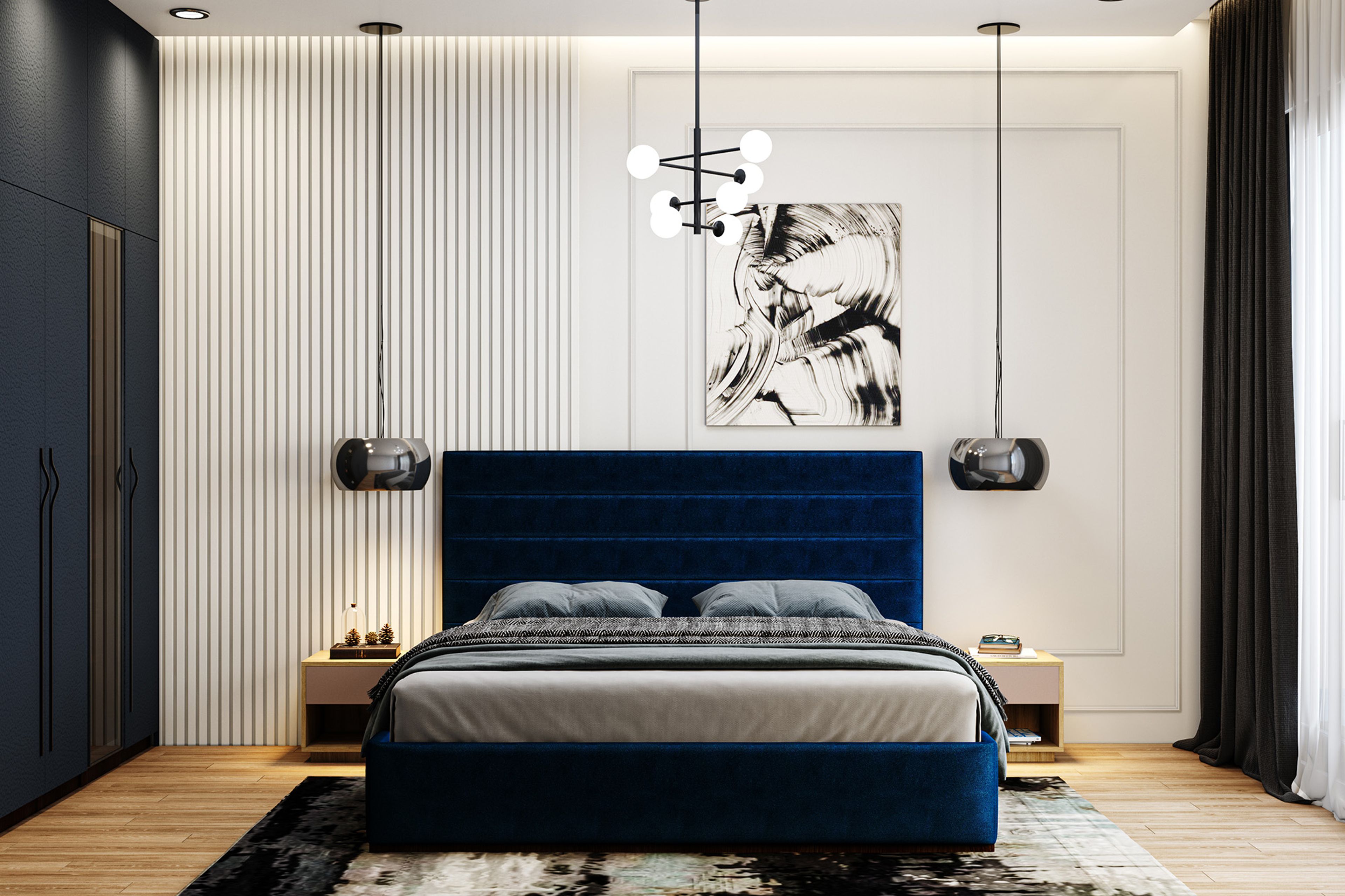 Modern Master Bedroom Design with Deep Blue Bed and Grooved Panels