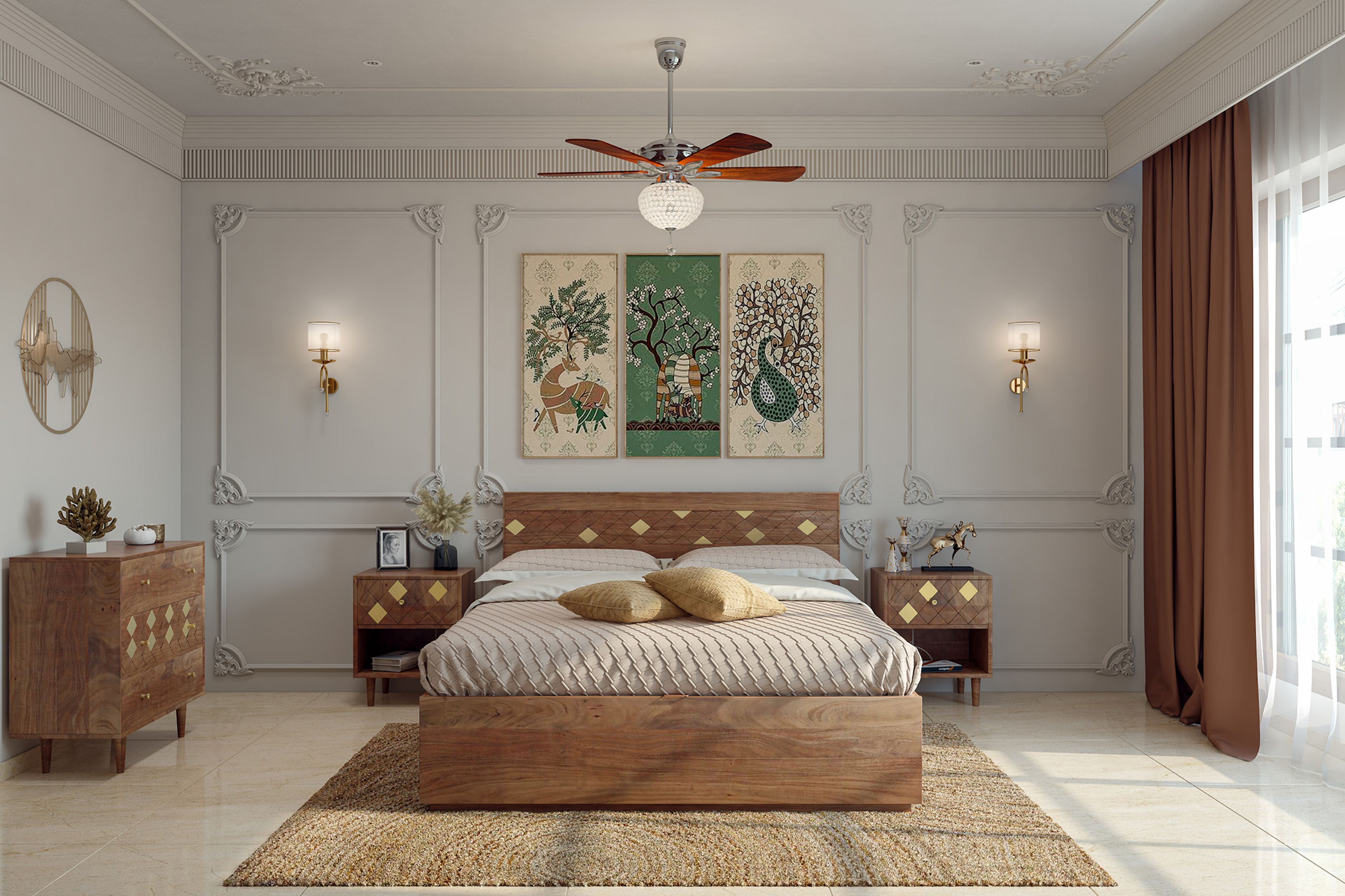 Master Bedroom Design with Carved Wooden Bed and Wall Molding