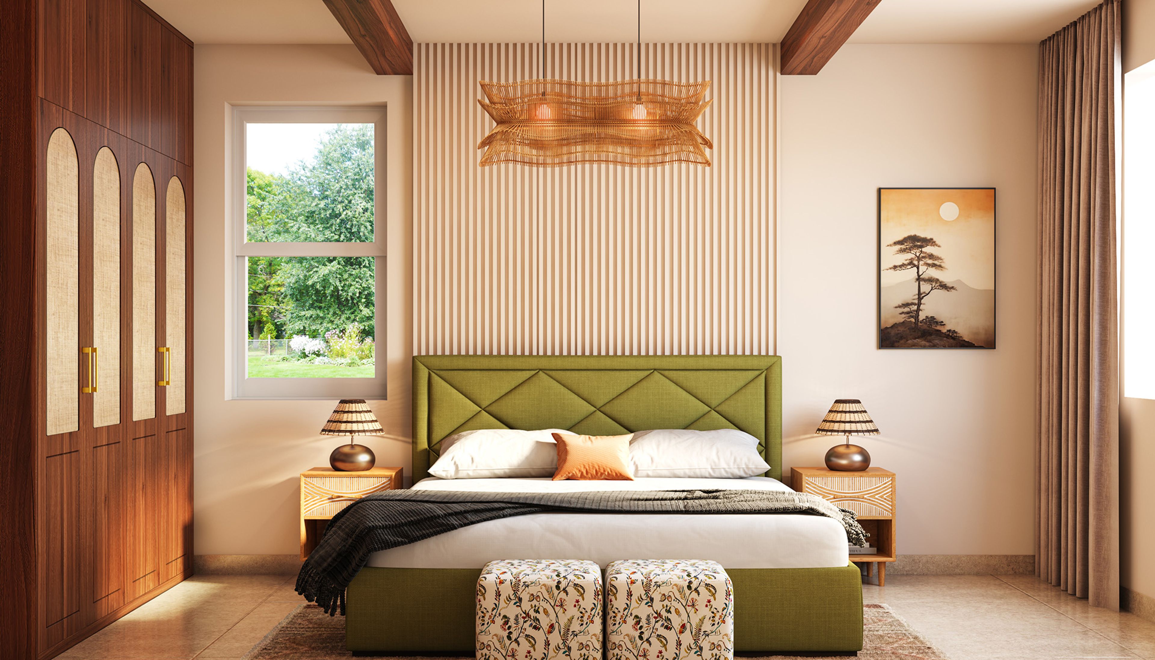 Master Bedroom Design with Olive Bed and Wood Slatted Wall