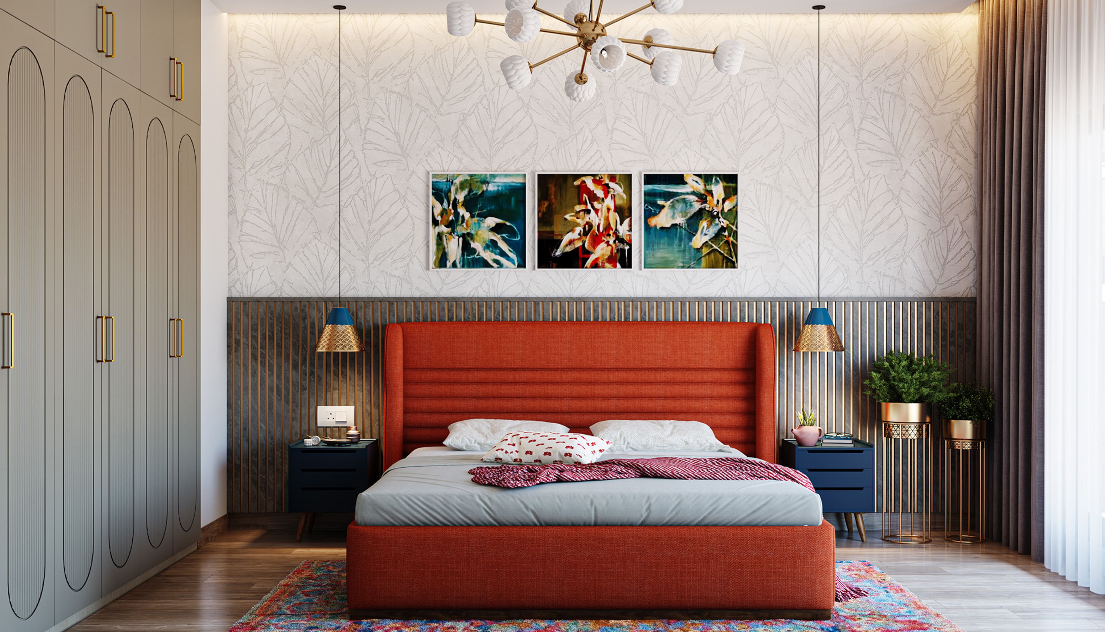 Master Bedroom Design with Orange Bed and Slatted Accent Wall