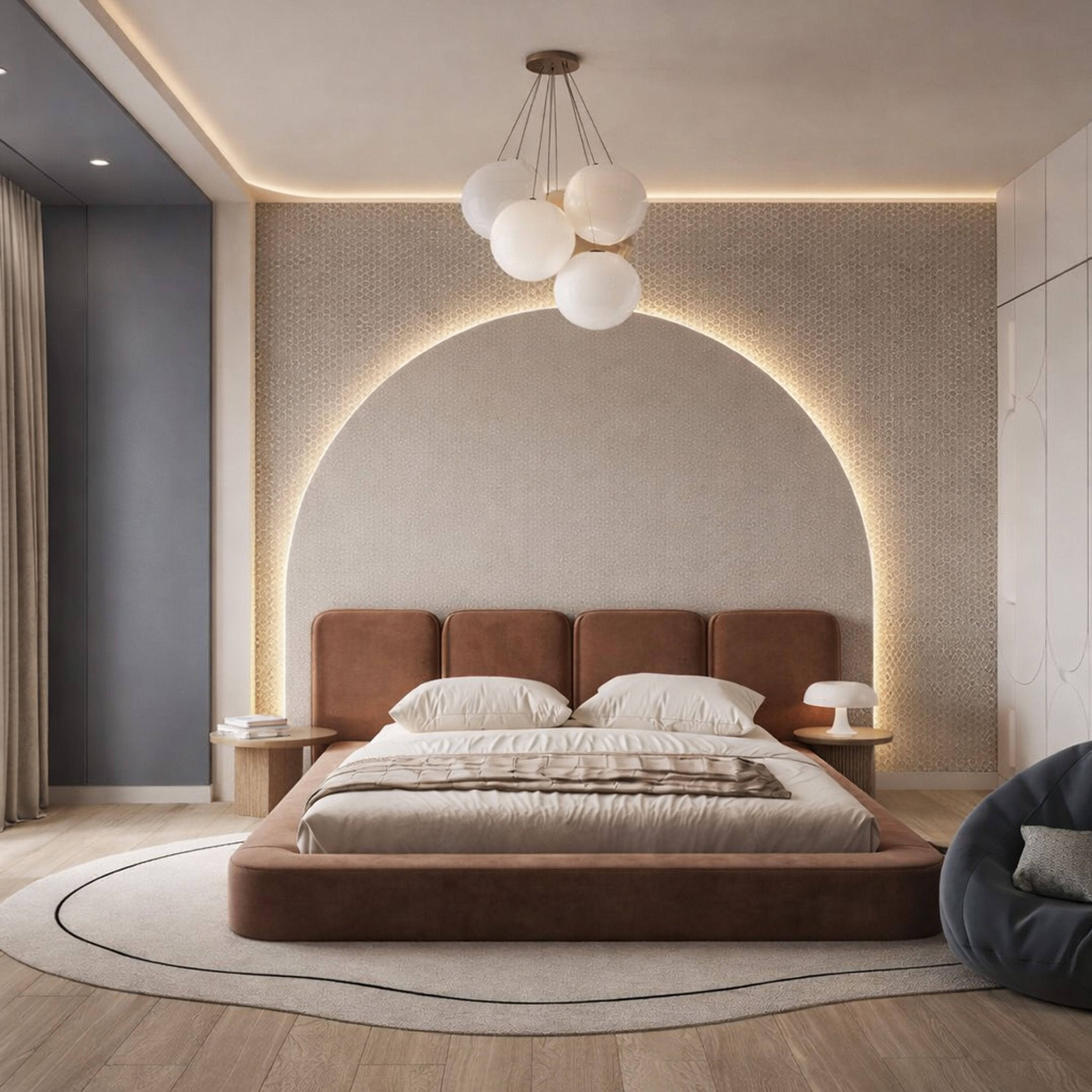 Contemporary Master Bedroom Design with Arched Feature Wall and Brown Platform Bed