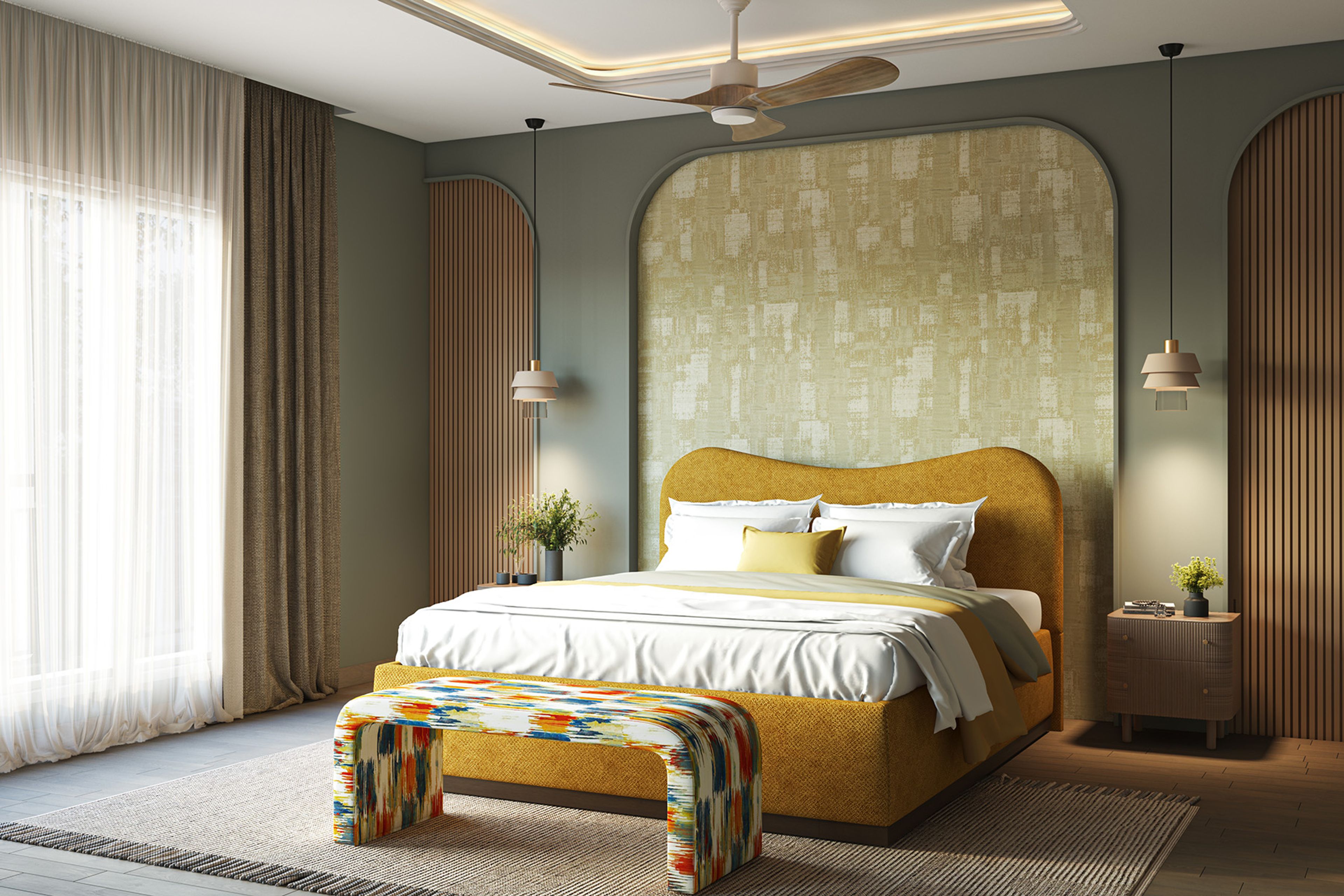 Master Bedroom Design with Arched Wall and Curved Mustard Bed