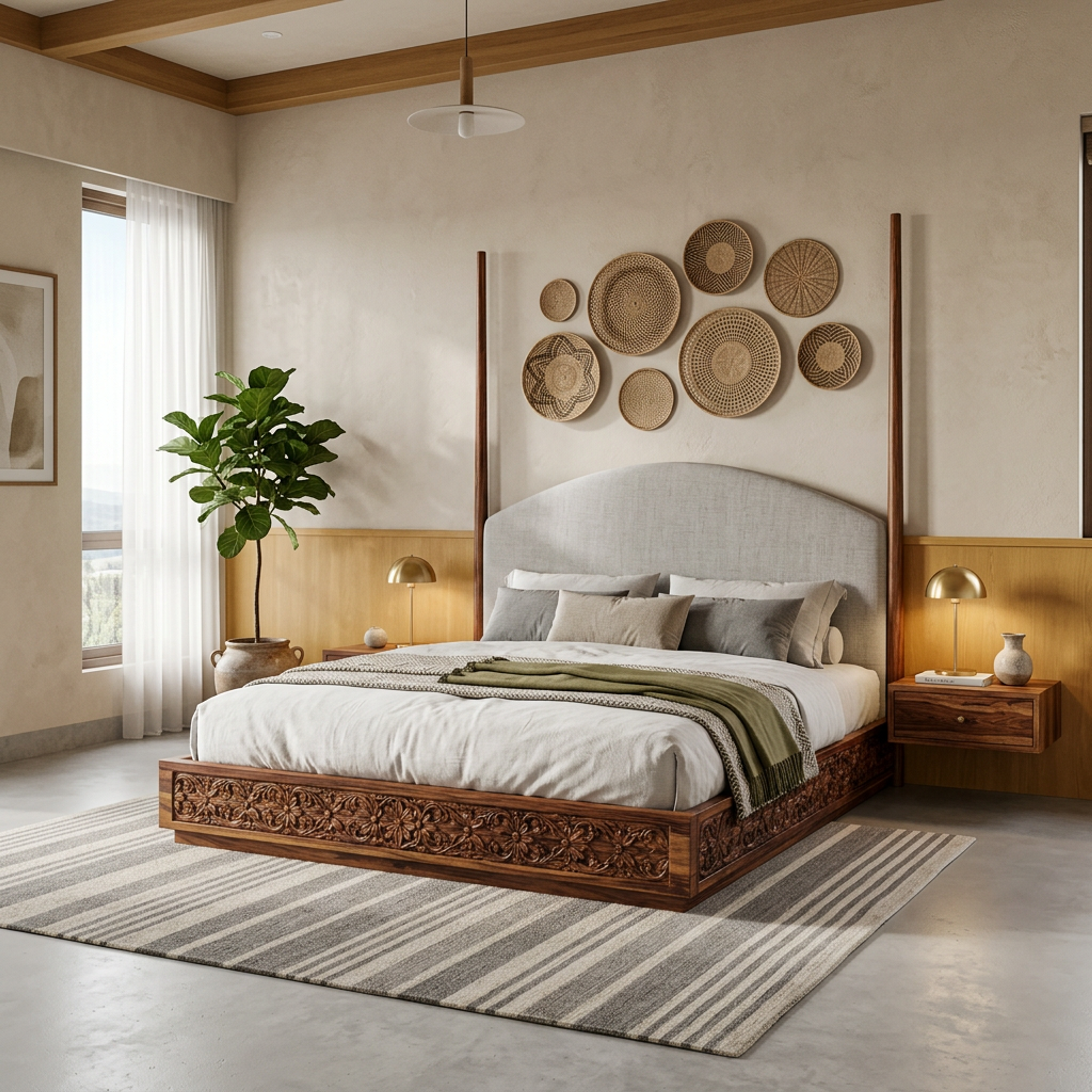 Contemporary Master Bedroom Design with Traditional Carved Queen Bed