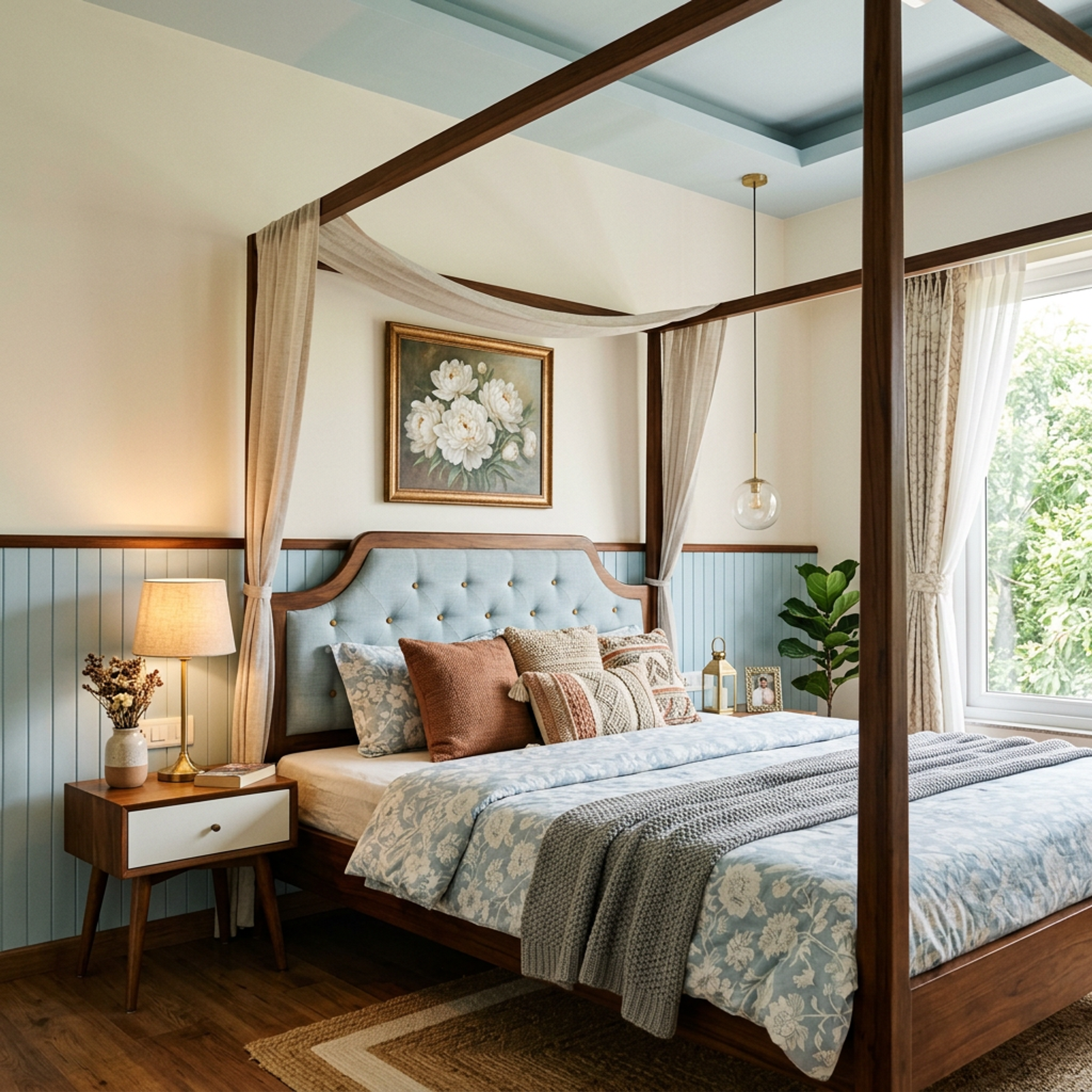 Modern Master Bedroom Design with Four Poster Bed and Botanical Wall Art