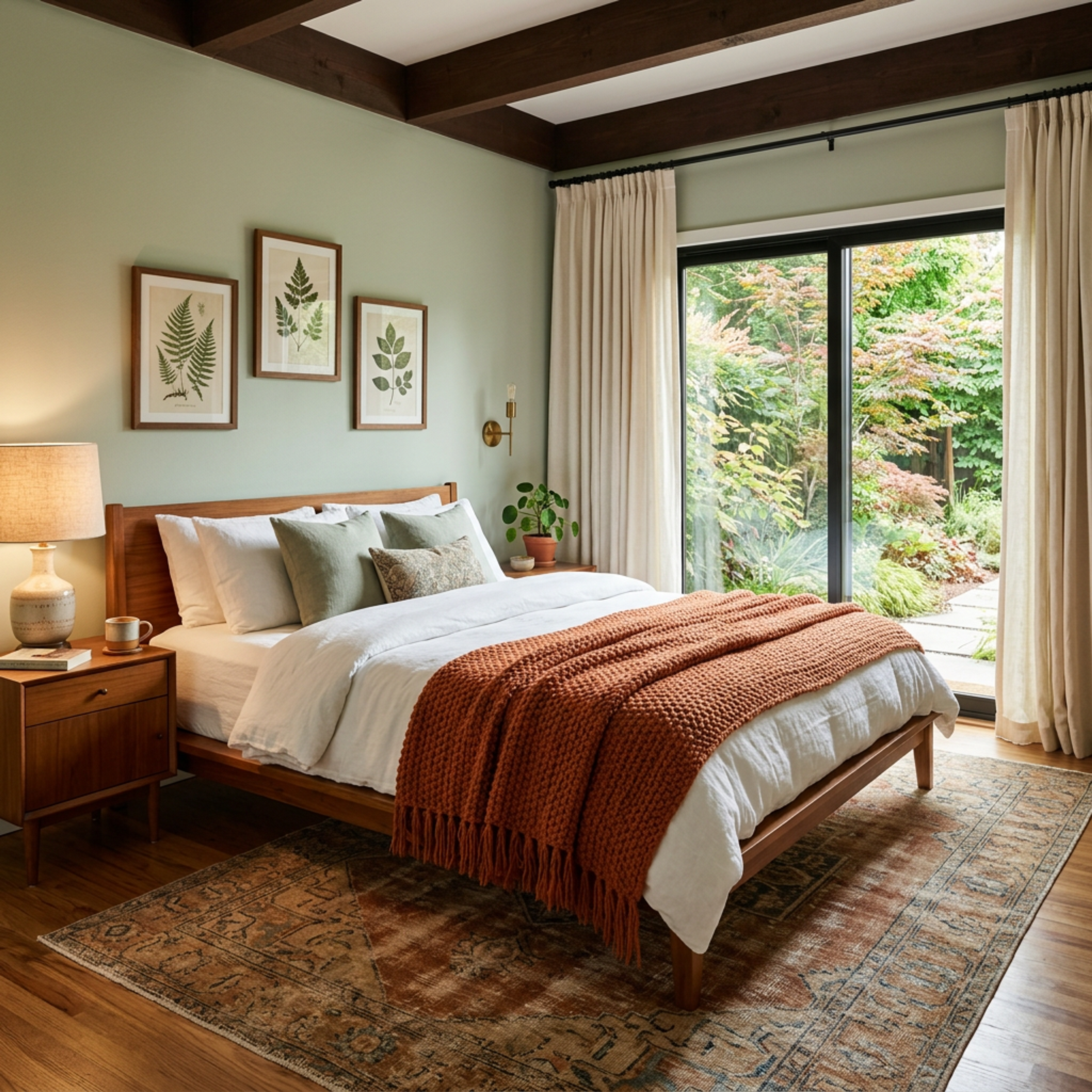 Contemporary Master Bedroom Design with Dark Wood Beams and Wooden Bed