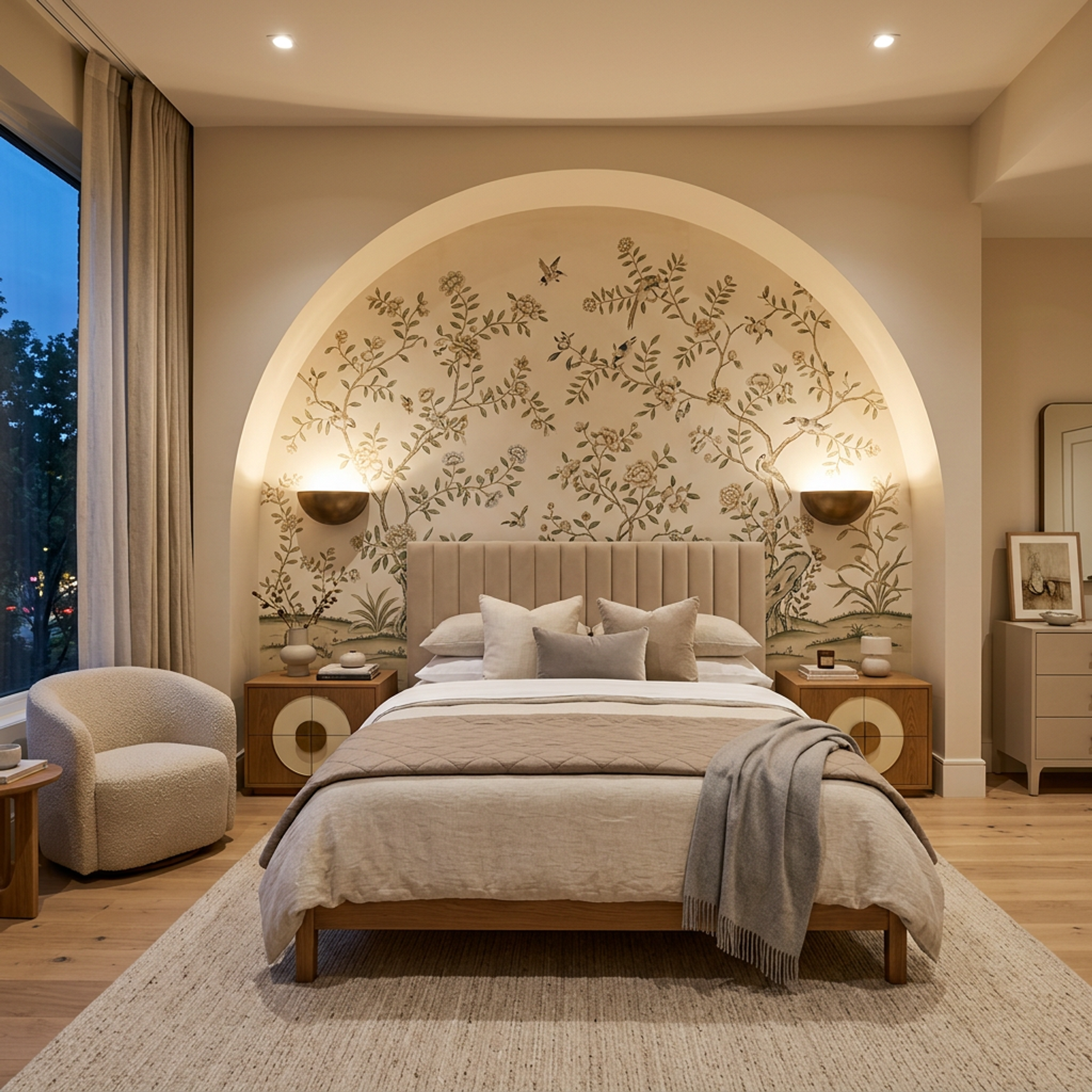 Contemporary Master Bedroom Design with Illuminated Arched Botanical Wall Mural