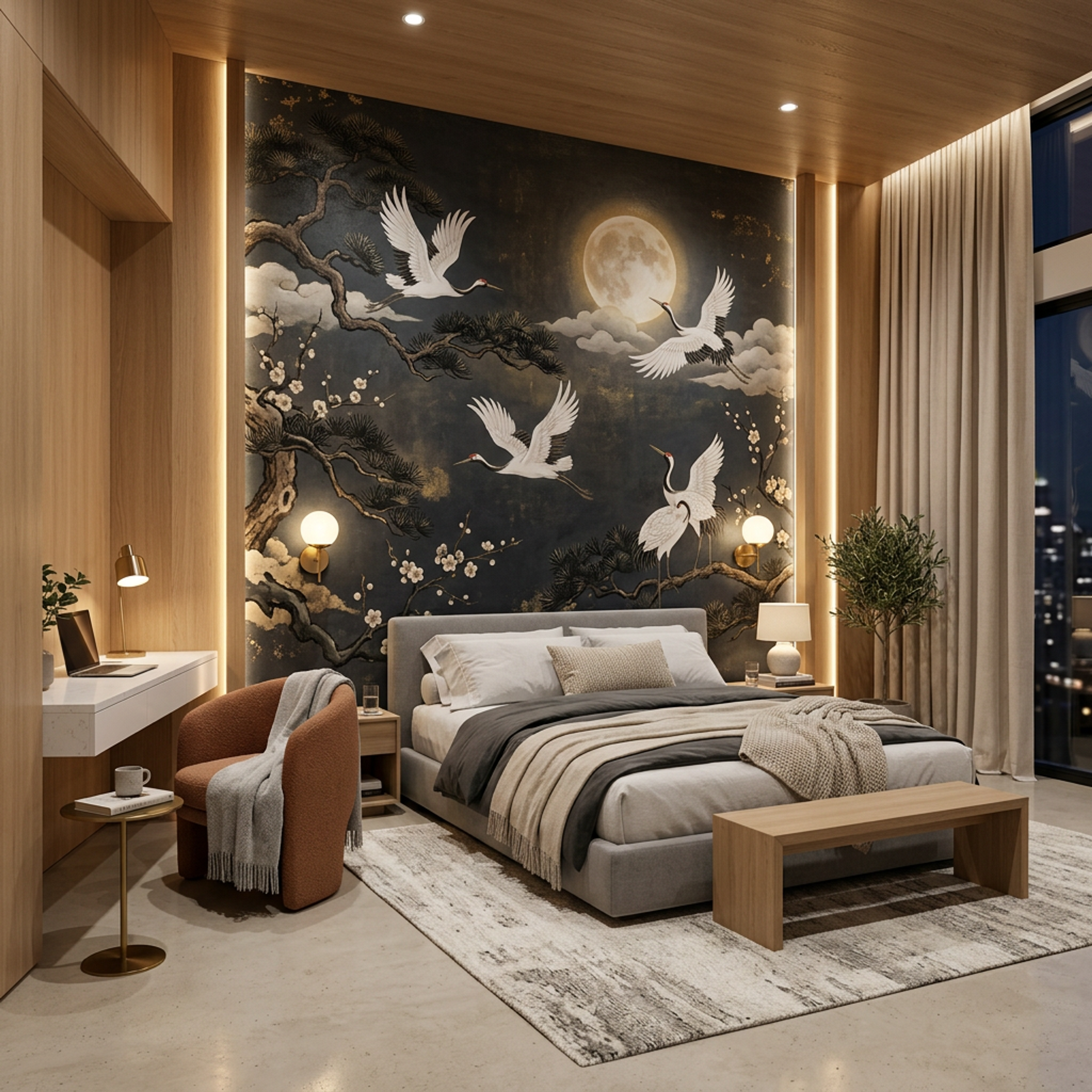 Modern Master Bedroom Design with Botanical Moon Mural and Beige Upholstered King Bed