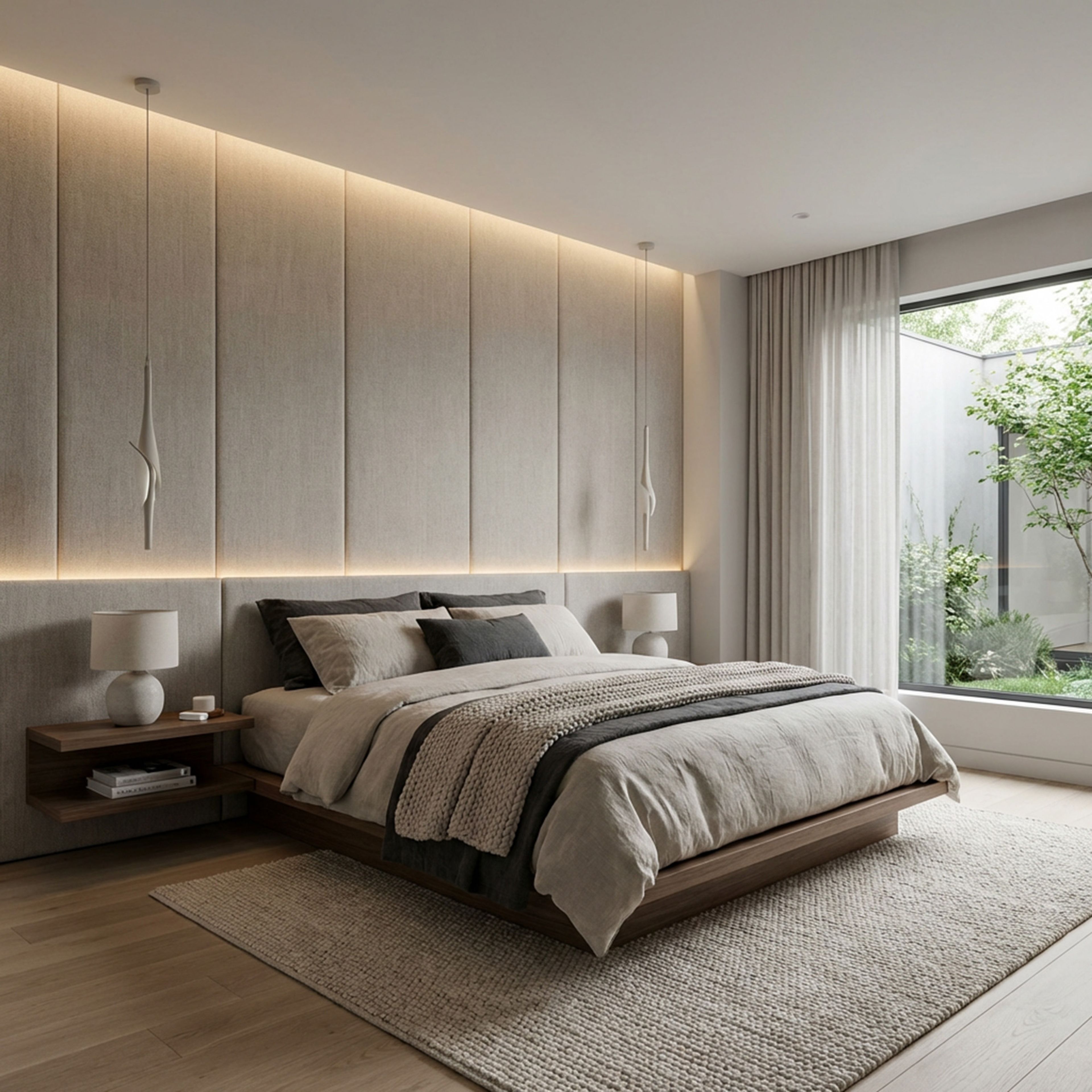 Minimal Master Bedroom Design with Panelled Wall and Low-Platform Bed