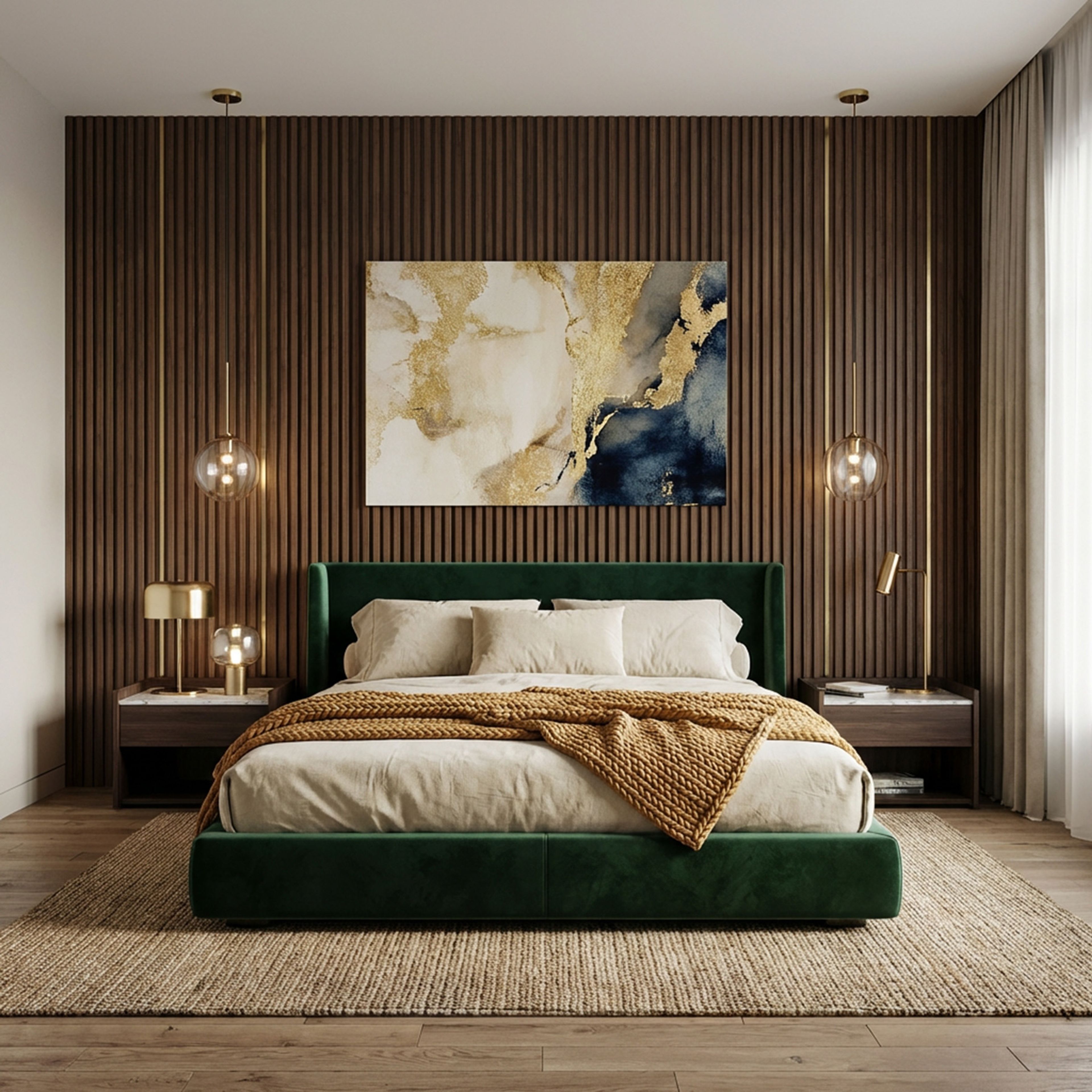 Contemporary Master Bedroom Design with Green Bed and Wooden Slat Wall