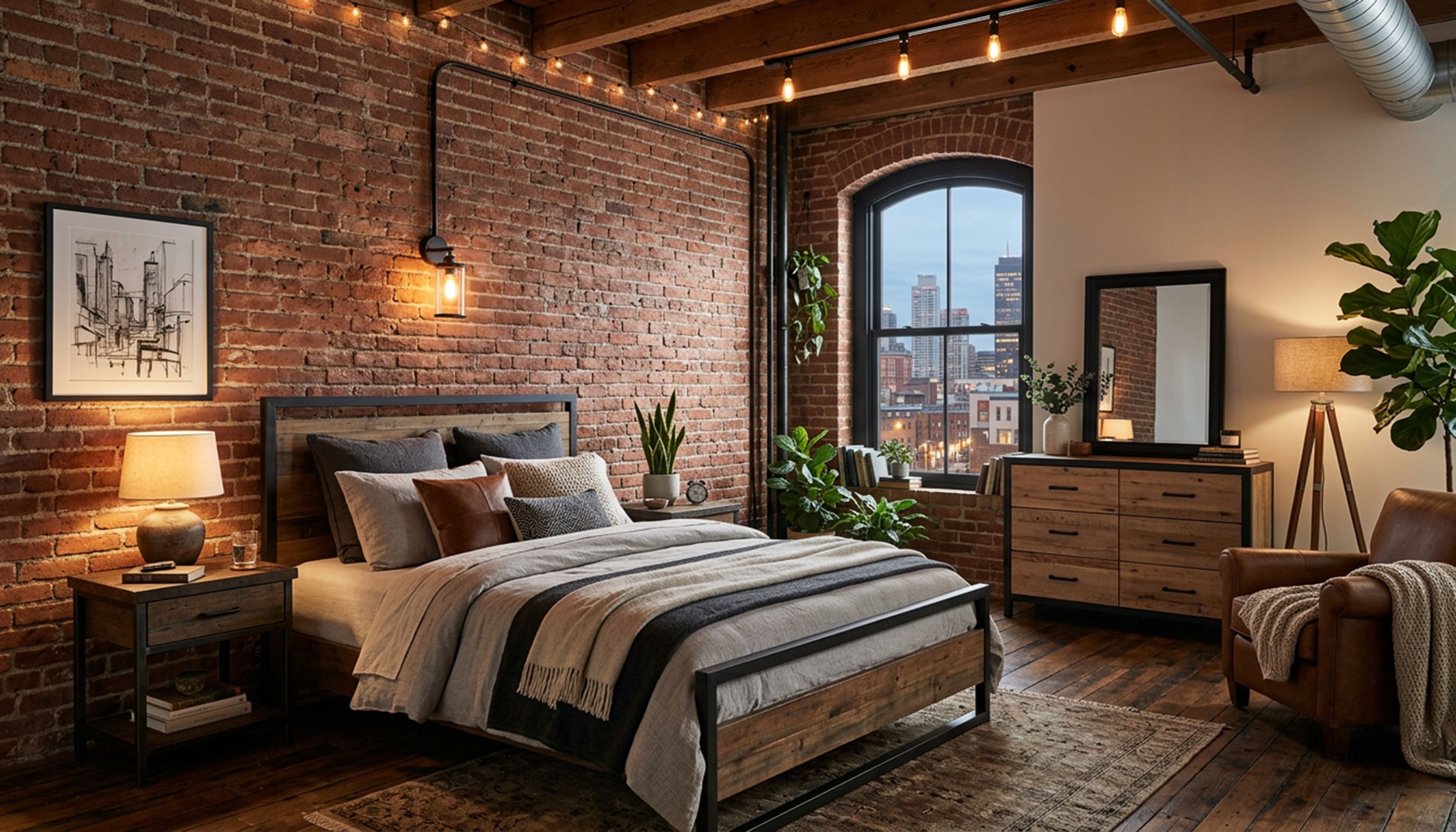 Industrial Master Bedroom Design with Brick Wall and Leather Armchair