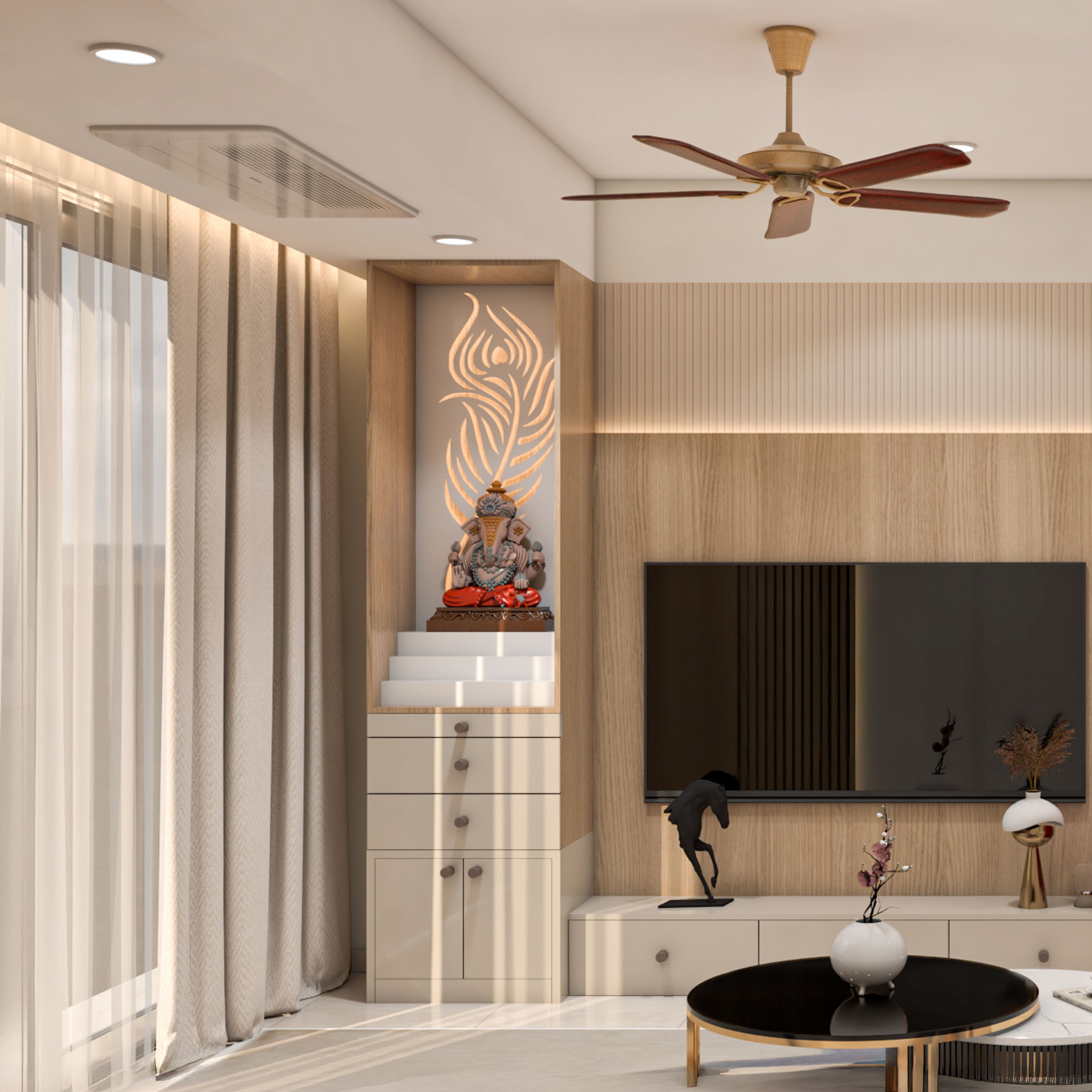 Grey and Walnut Contemporary Pooja Room Design with Storage and Backlit Panel | Livspace