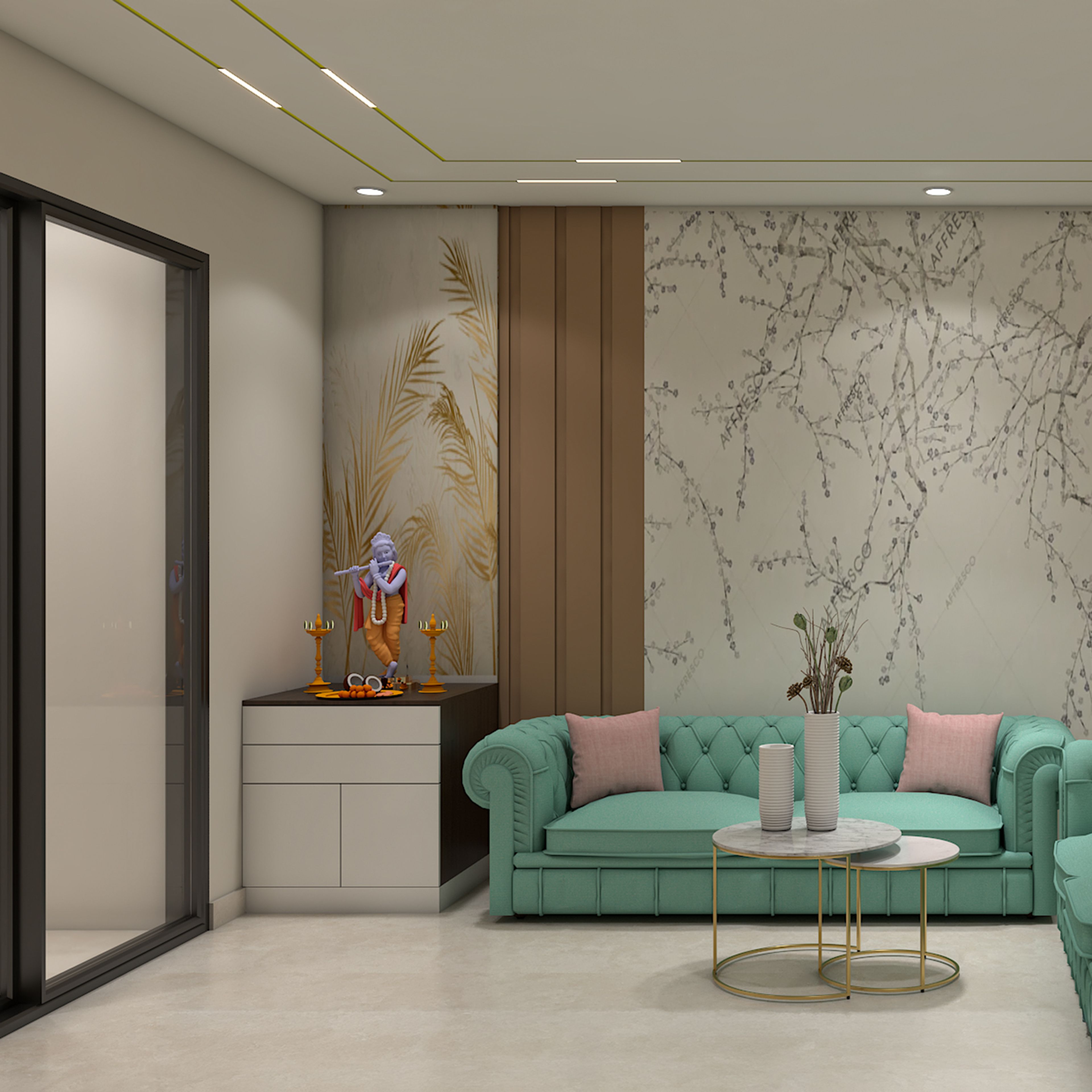 Floor-Mounted Minimal Grey and Balsam Pooja Room Design with Cabinet