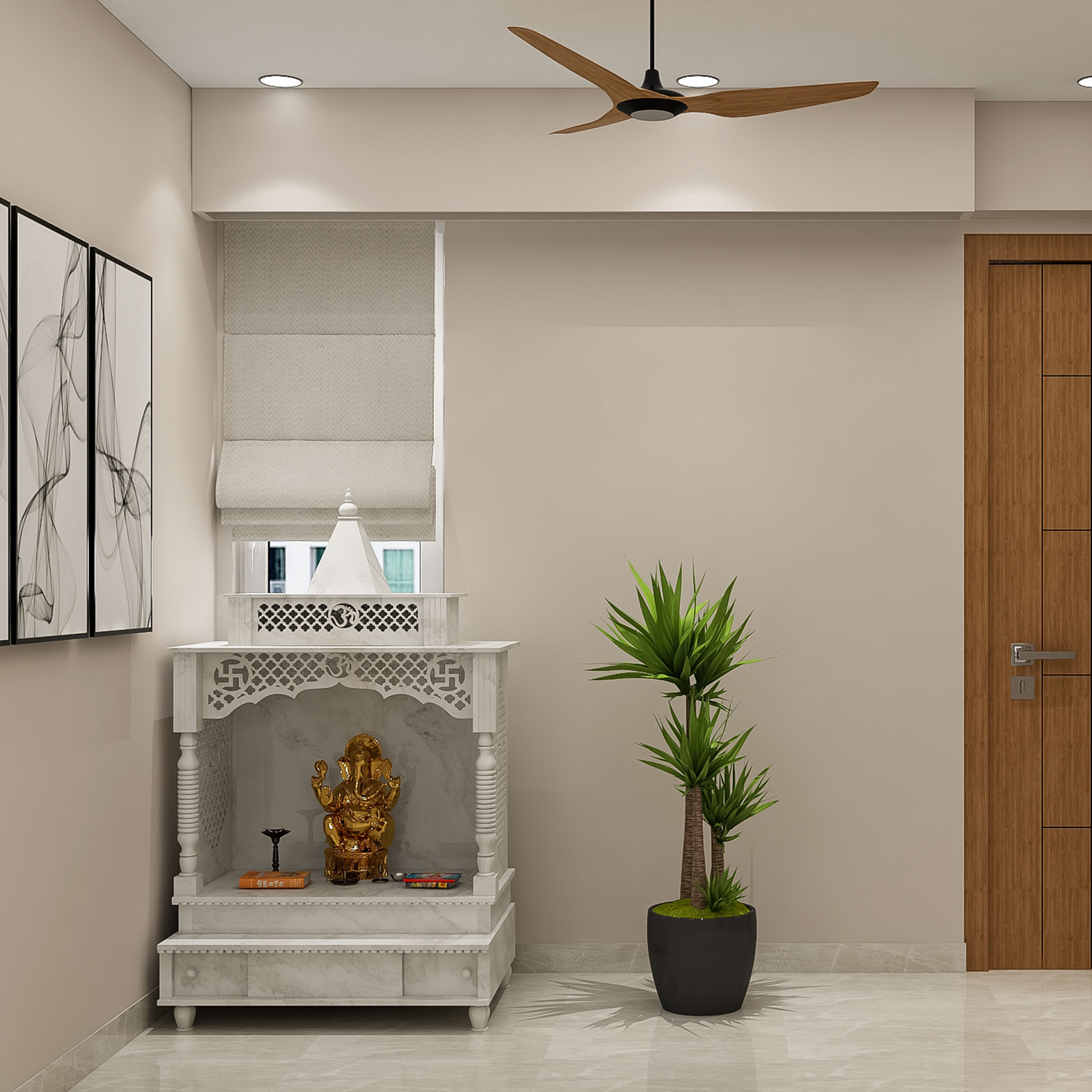 Traditional Pooja Room Design with Marble Finish and Temple Style Detailing