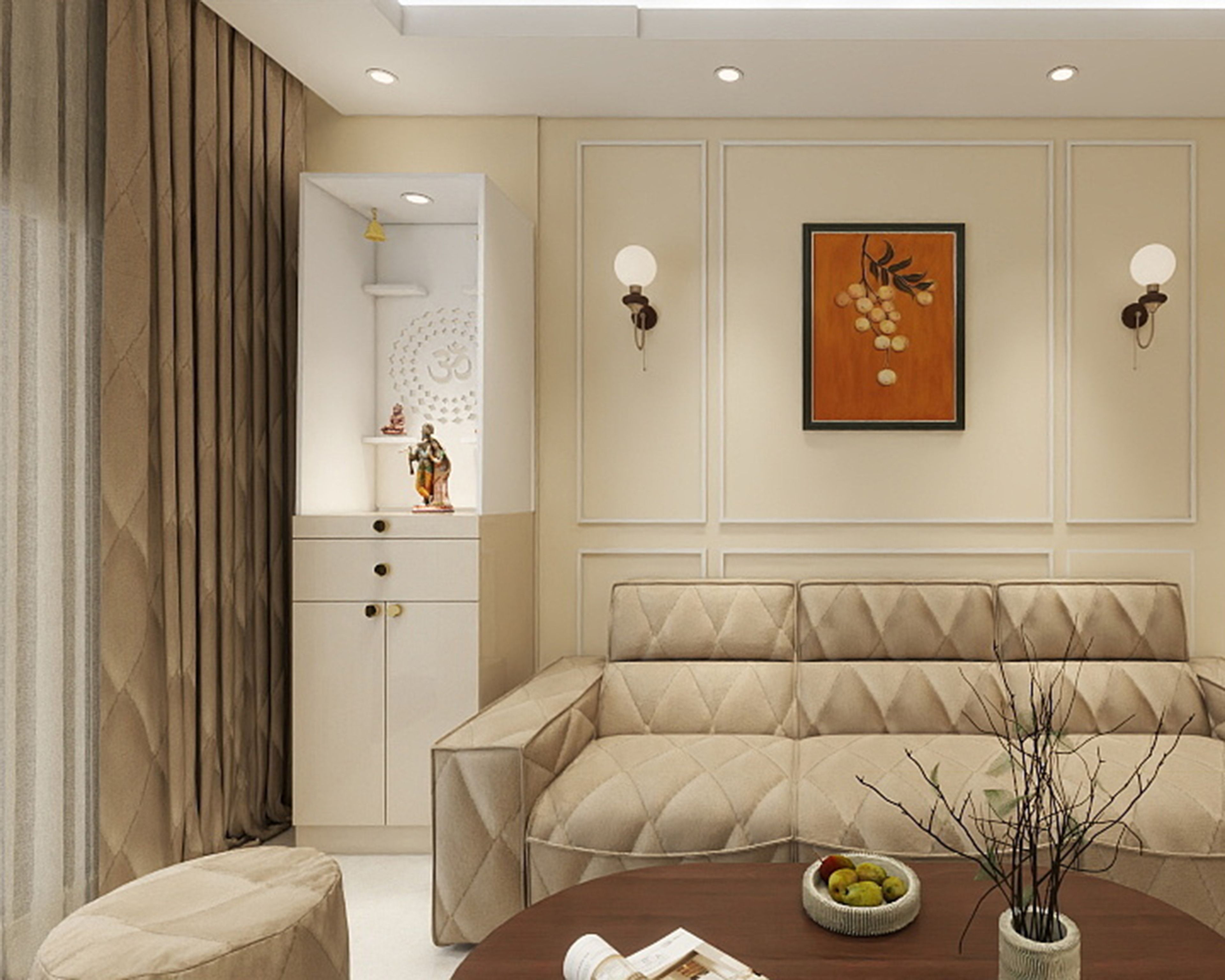 White and Grey Classic Pooja Room Design with Cabinet Storage