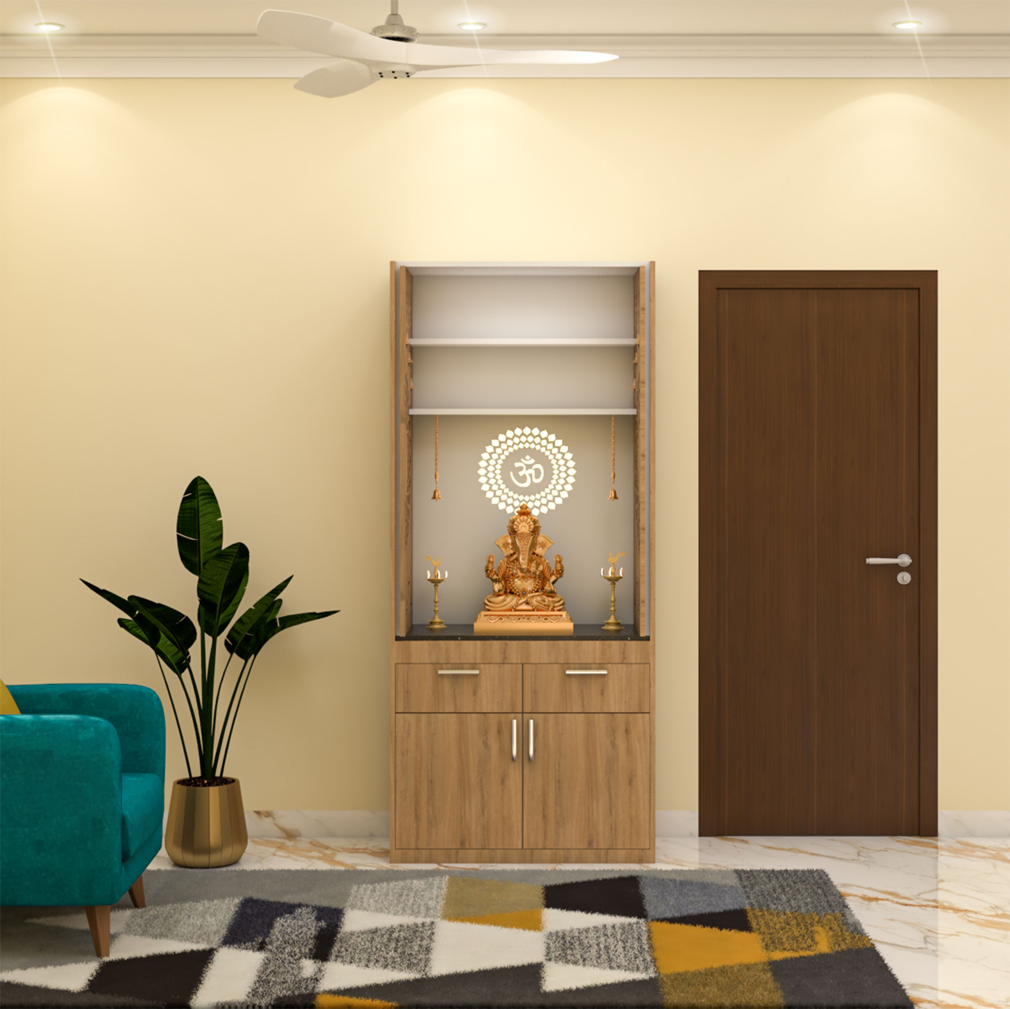 Modern Pooja Unit Design with Laser Cut Om Mandala Wall Backdrop