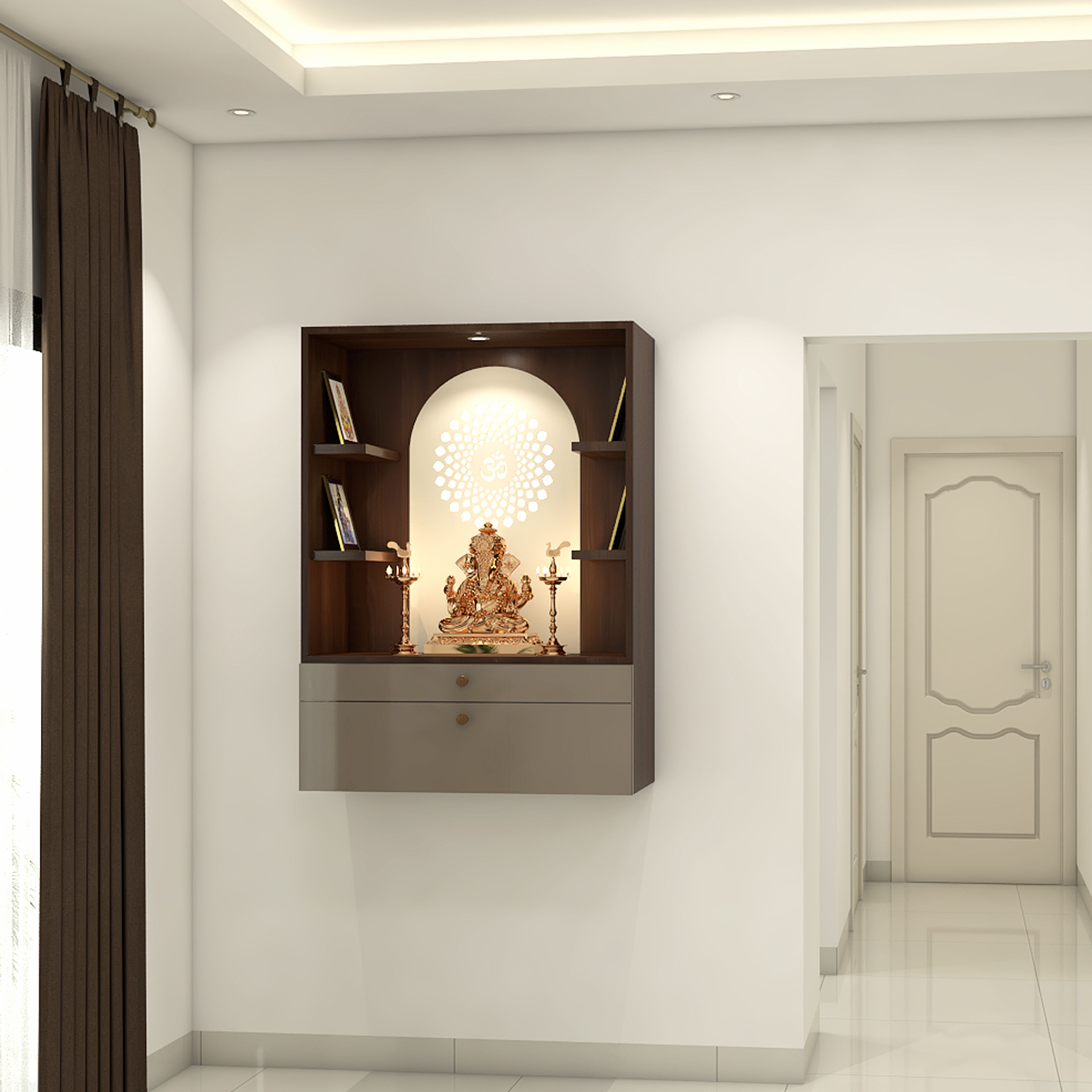 Wall Mounted Bronze and Pearl Modern Pooja Unit Design with Dark Wood Display Shelves