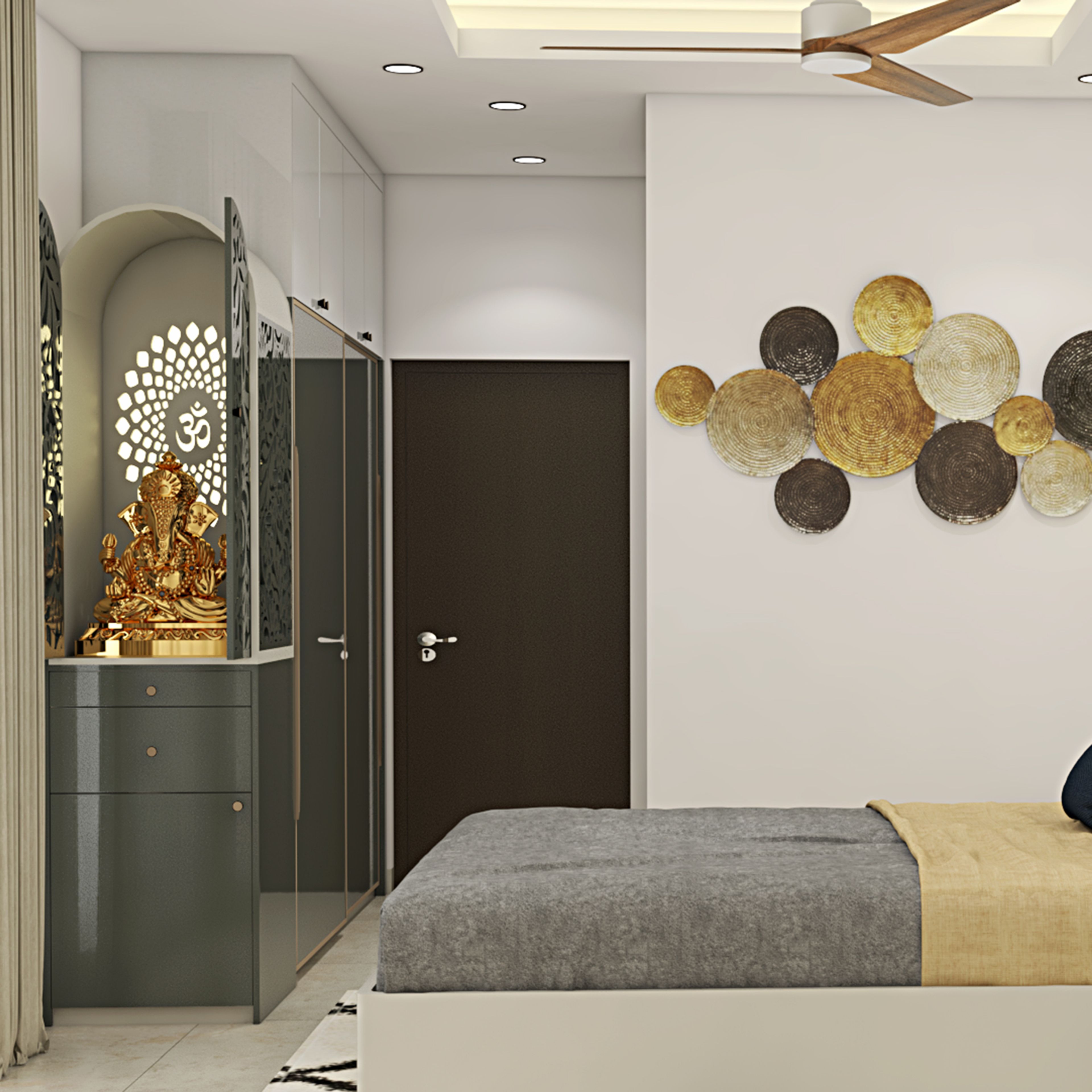 Floor-Mounted Contemporary Pooja Unit Design with Dark Folding Jali Privacy Doors