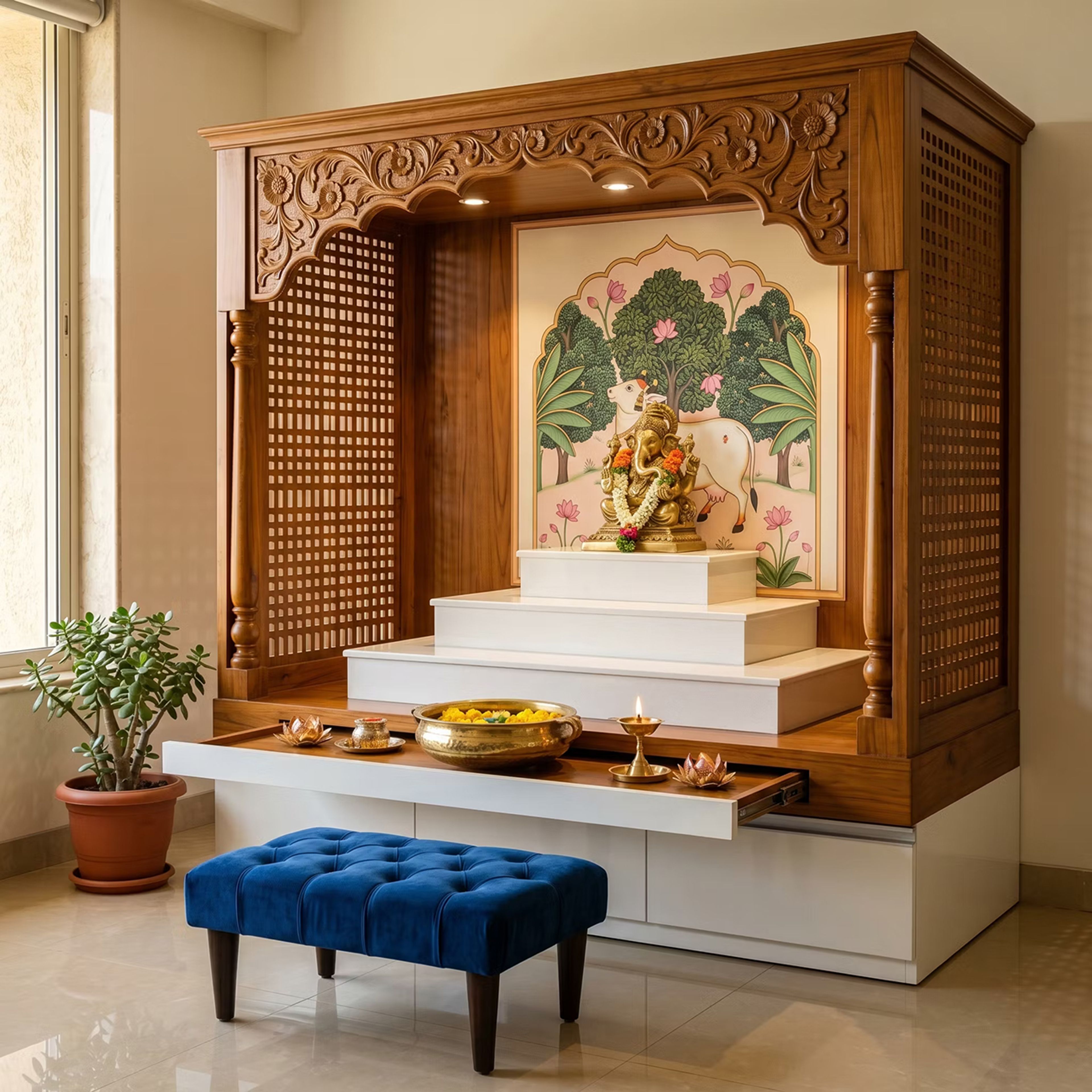Traditional Pooja Design with Intricate Carved Archway and Pull Out Drawer
