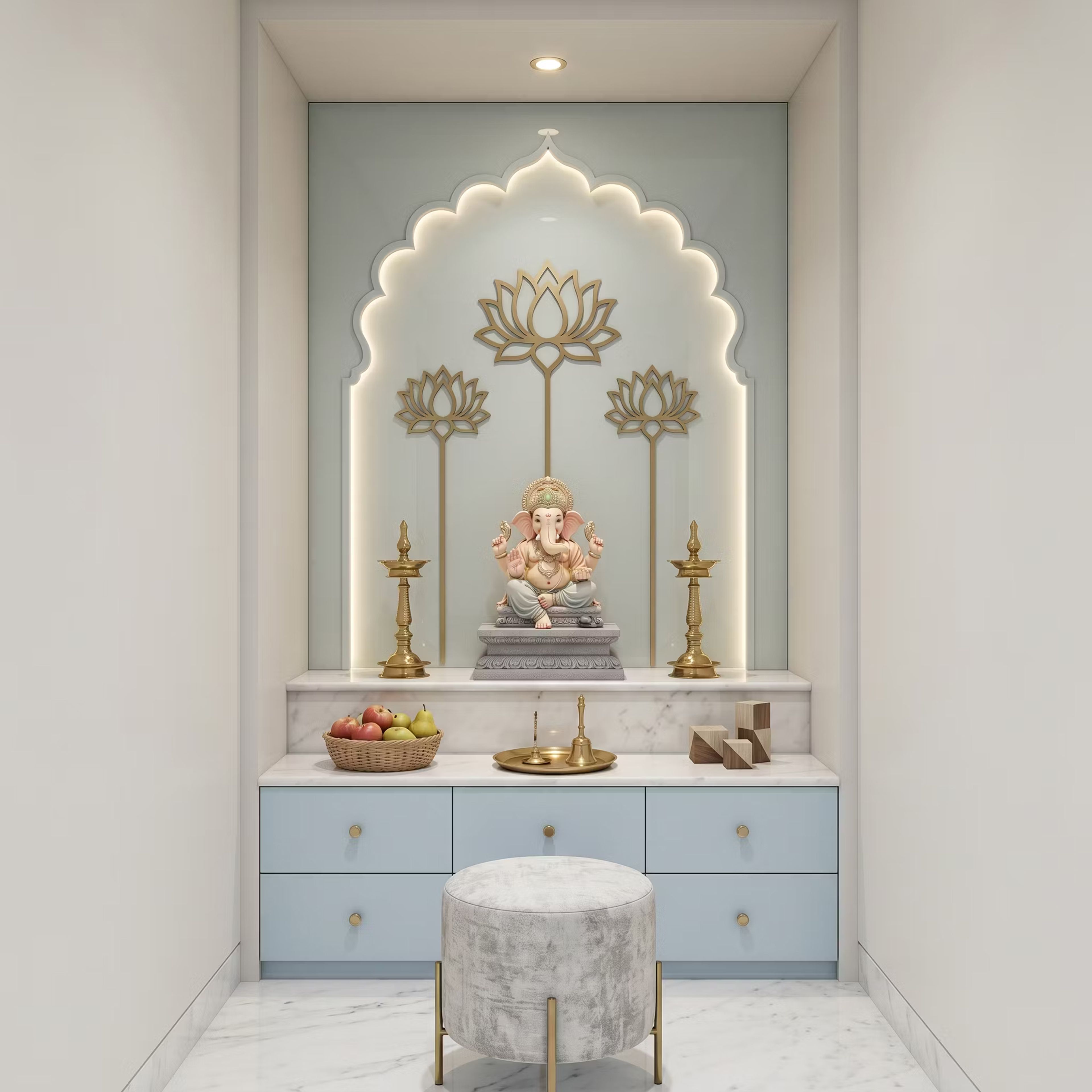 Denim Blue Modern Pooja Design with Backlit Lotus Arch and Ganesha