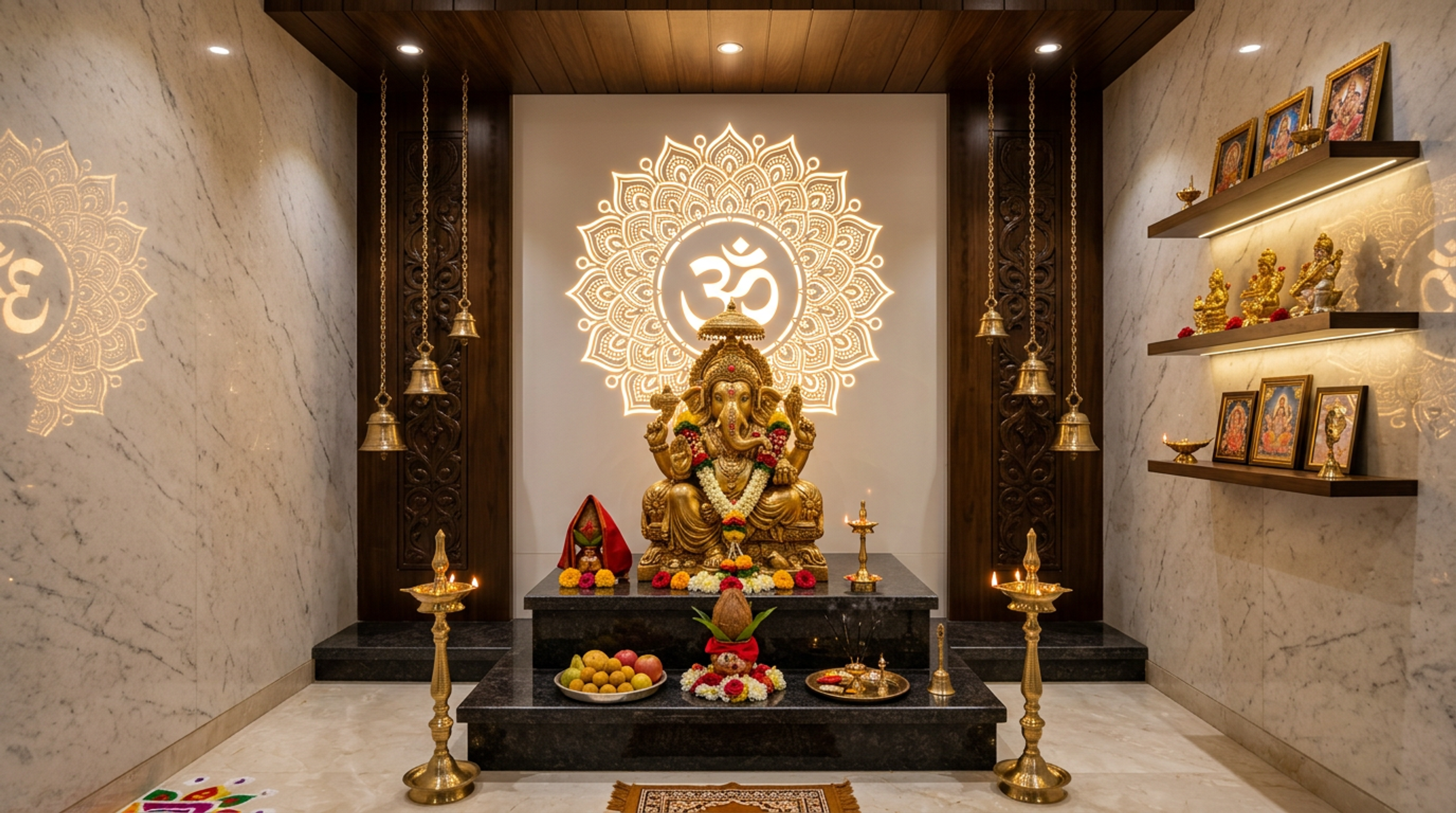 Modern Pooja Design with Walnut Bronze Finish and Dark Stone Platform
