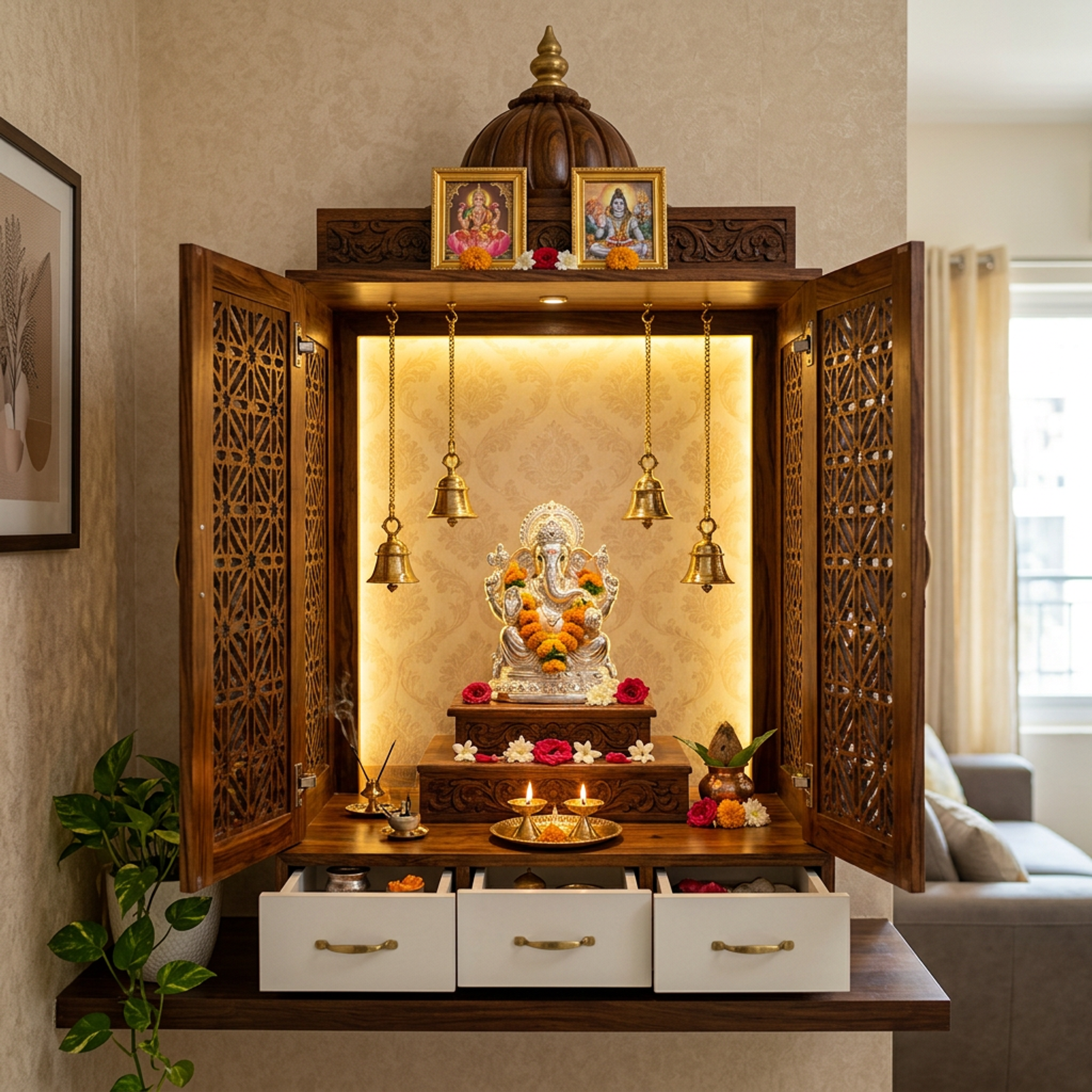 Contemporary Wall Mounted Pooja Design in White and Walnut with Wooden Lattice Doors
