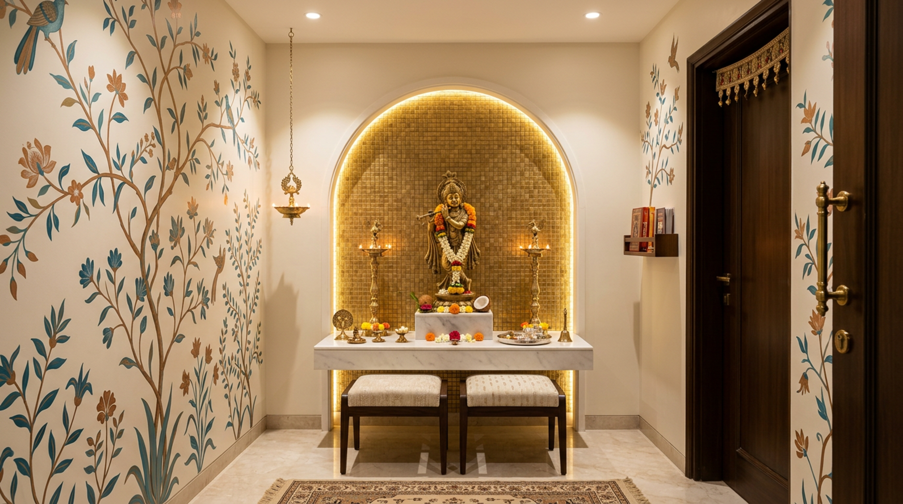 Modern Pooja Room Design with Golden Mosaic Tile Archway Halo Backdrop